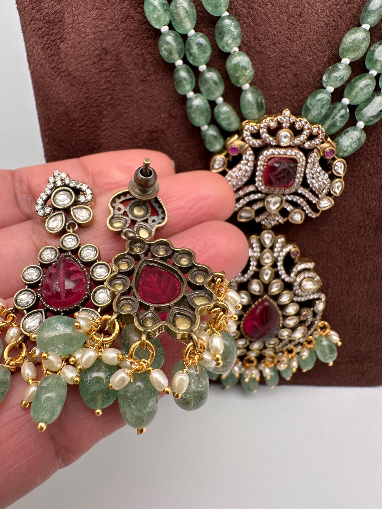 Victorian Kundan Real Emerald Beads Long Necklace