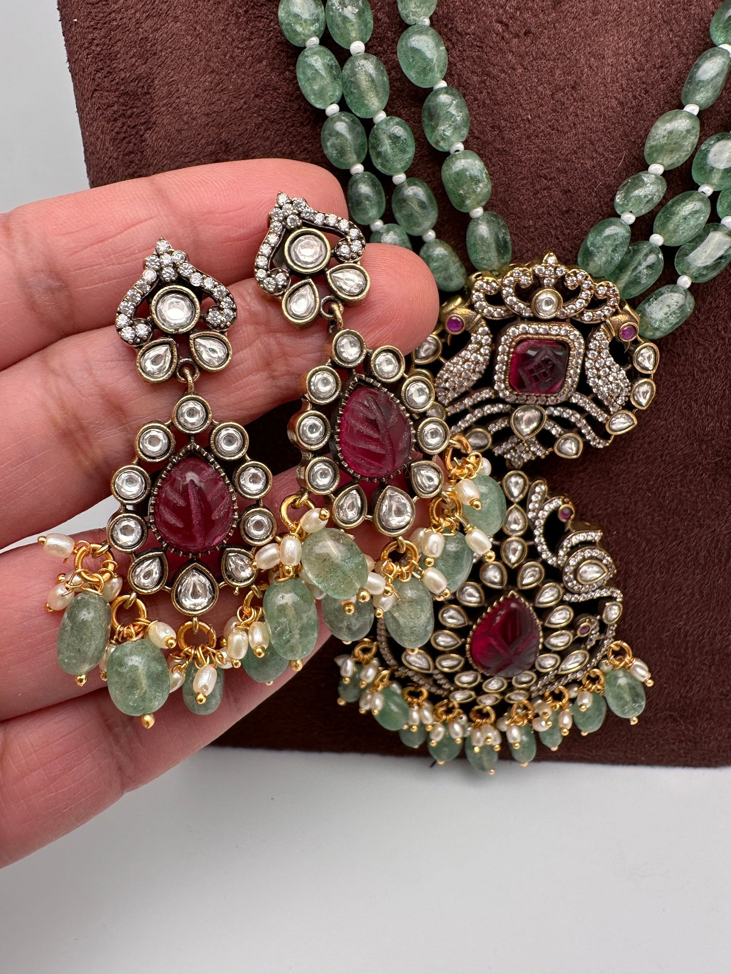 Victorian Kundan Real Emerald Beads Long Necklace