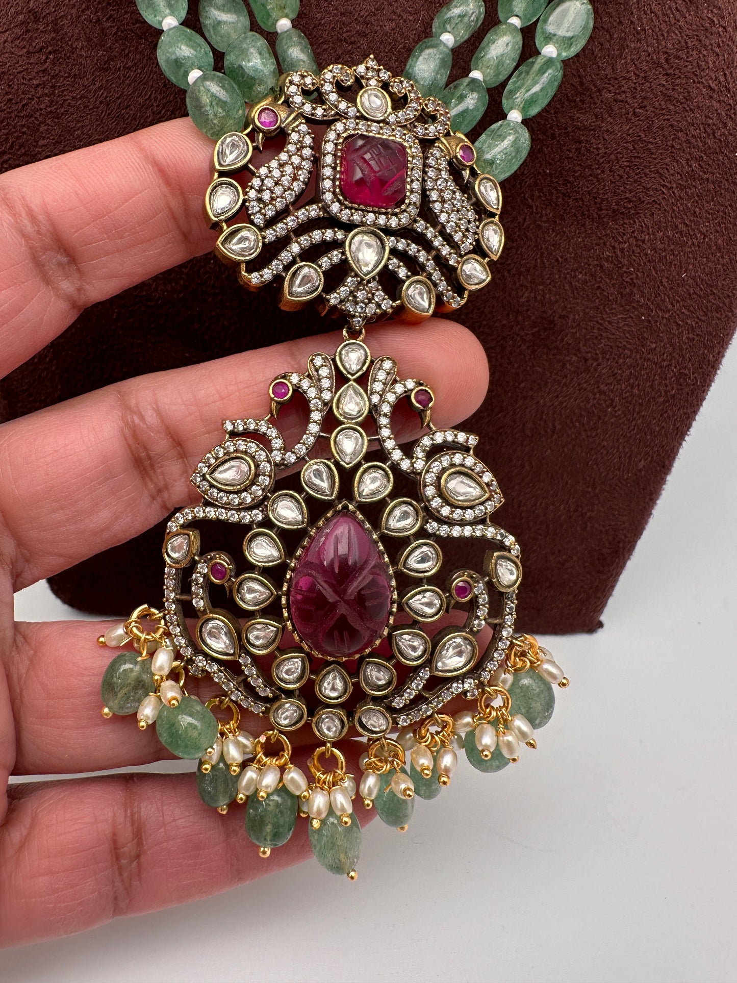 Victorian Kundan Real Emerald Beads Long Necklace