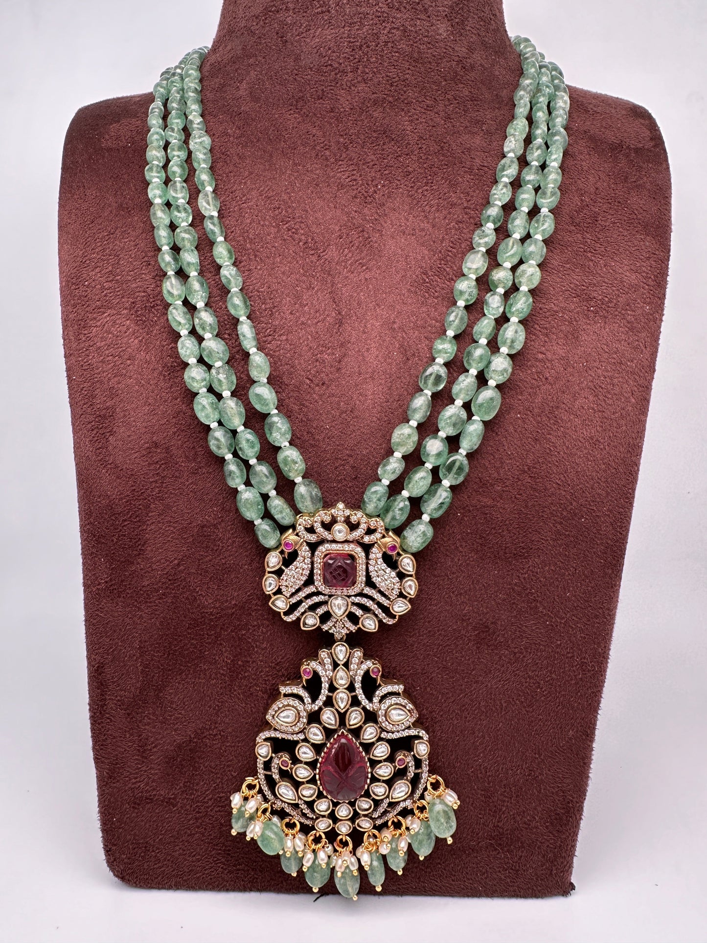 Victorian Kundan Real Emerald Beads Long Necklace
