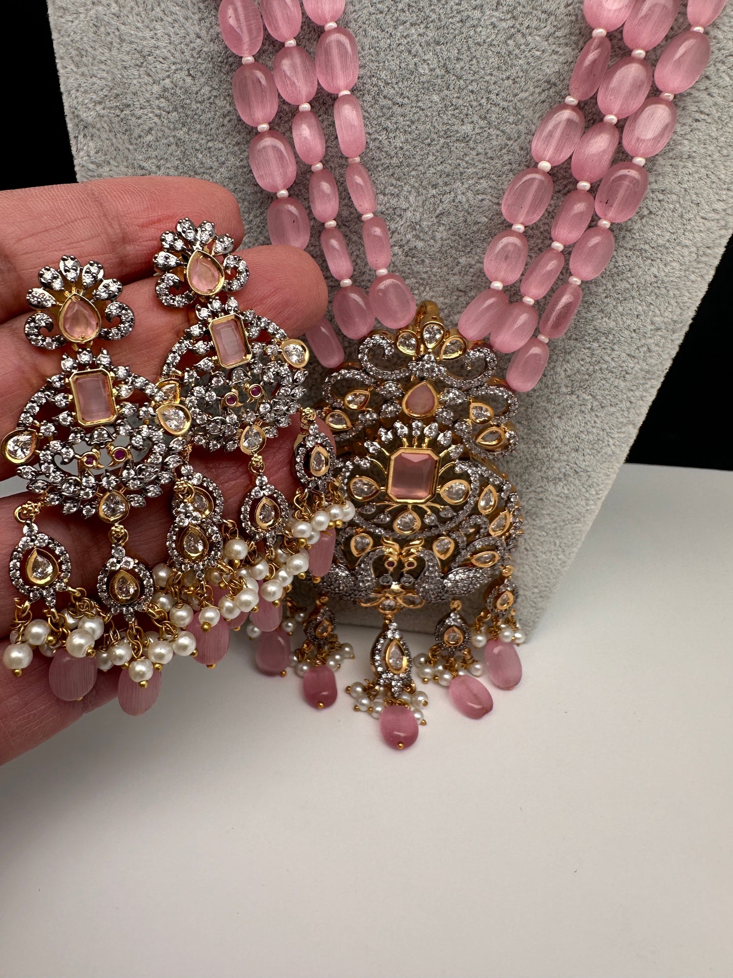AD Peacock Pendent Pink Beads Necklace