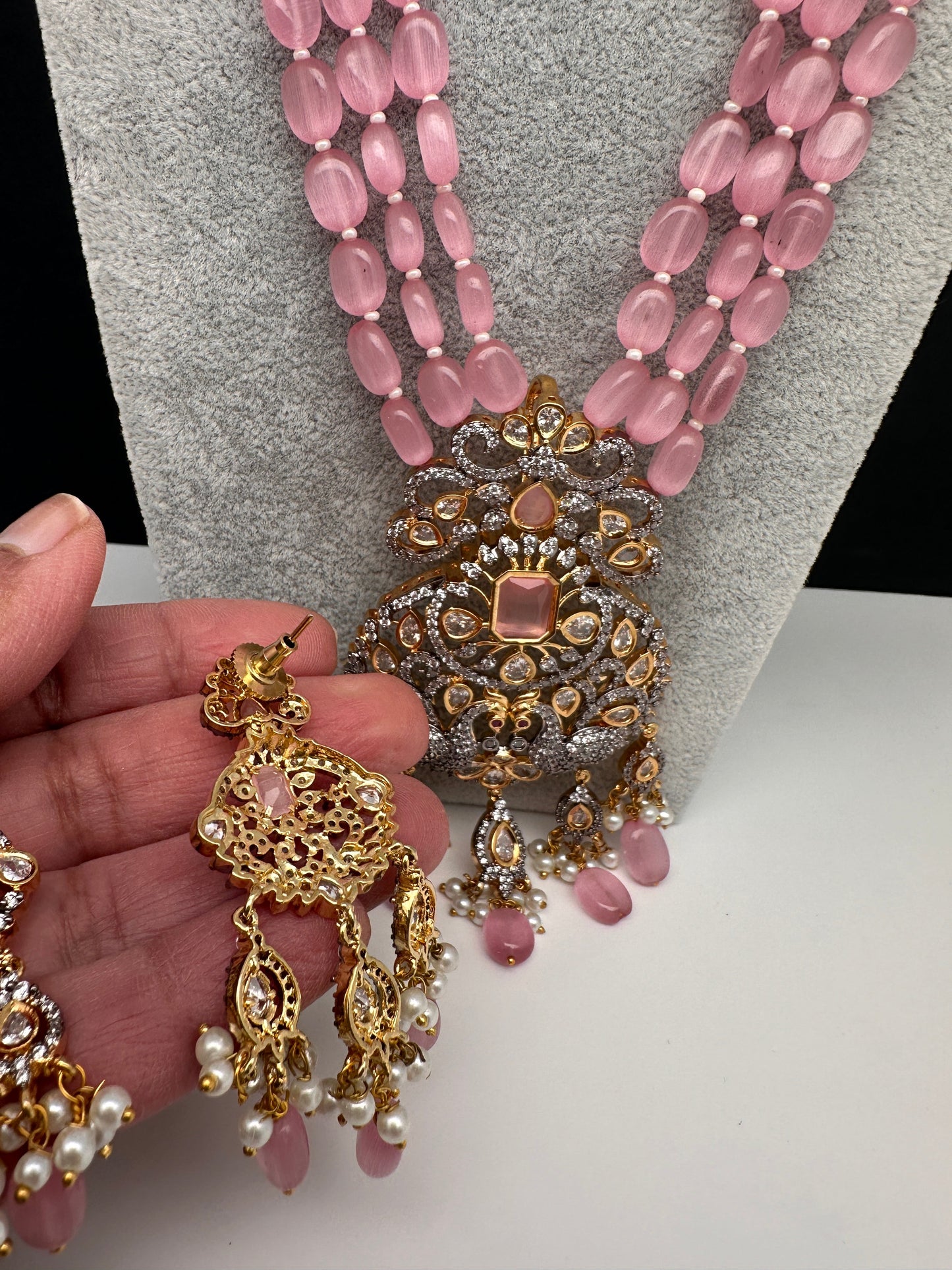 AD Peacock Pendent Pink Beads Necklace