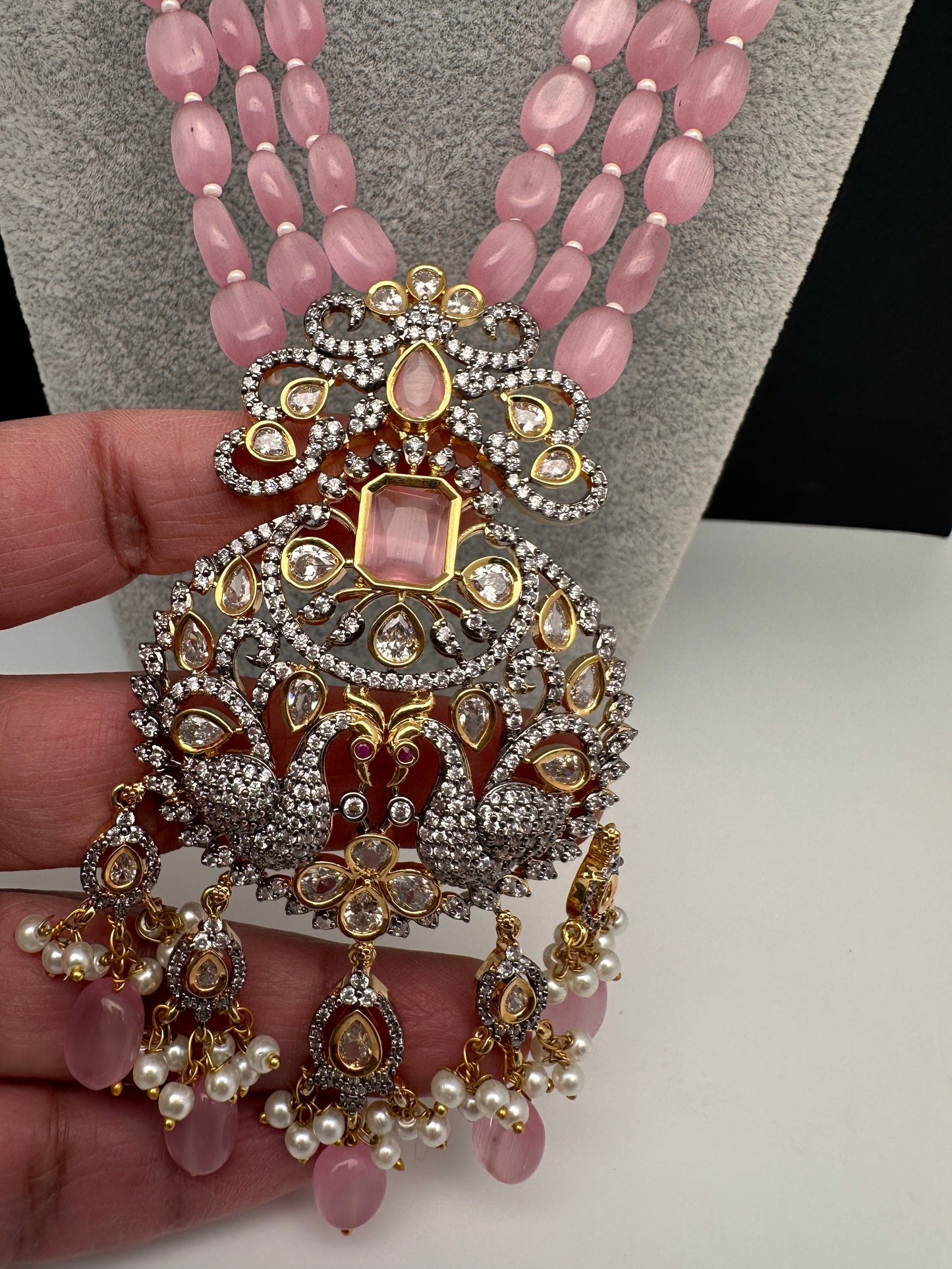 AD Peacock Pendent Pink Beads Necklace