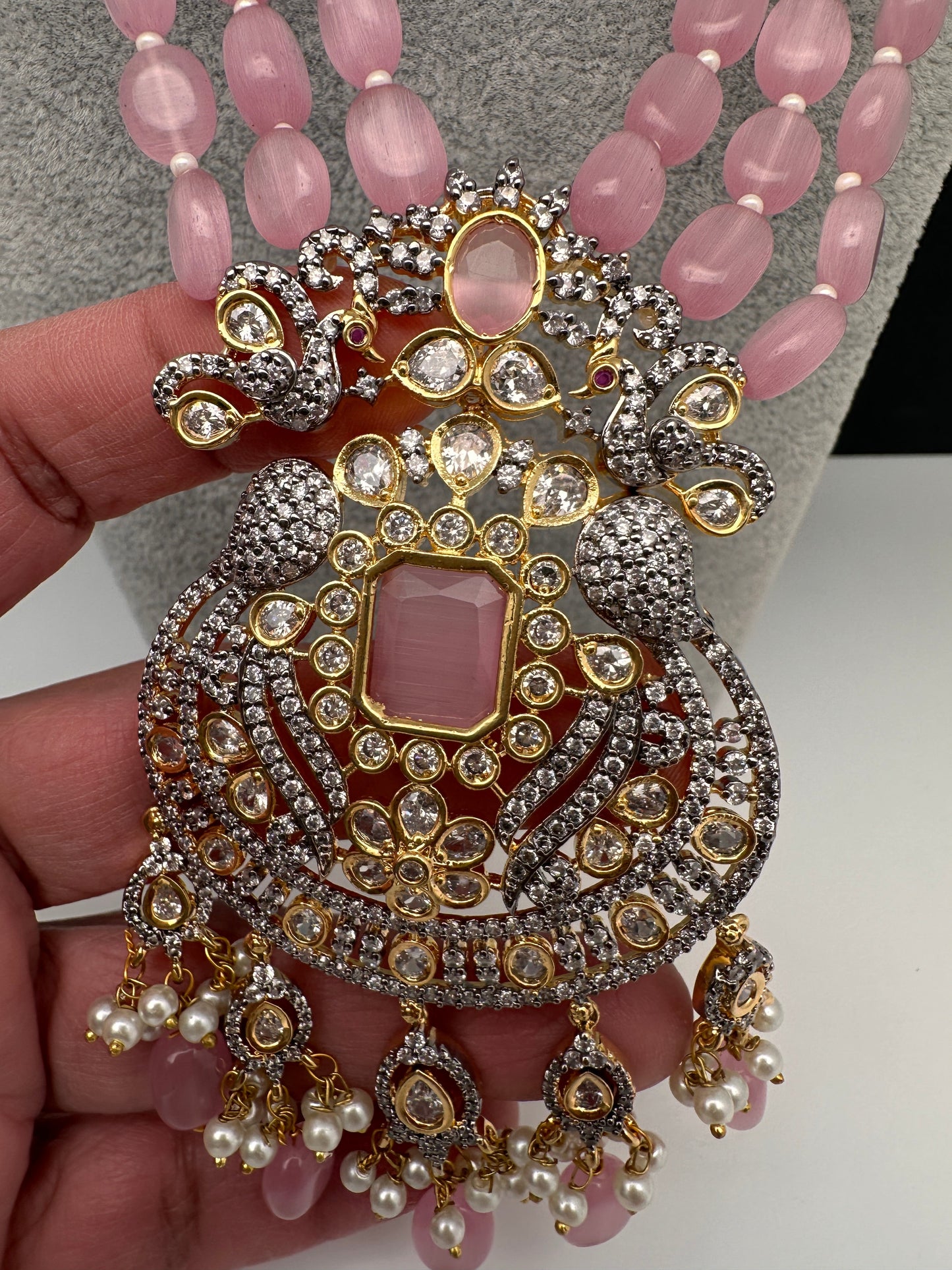 AD Peacock Pendent Pink Beads Necklace