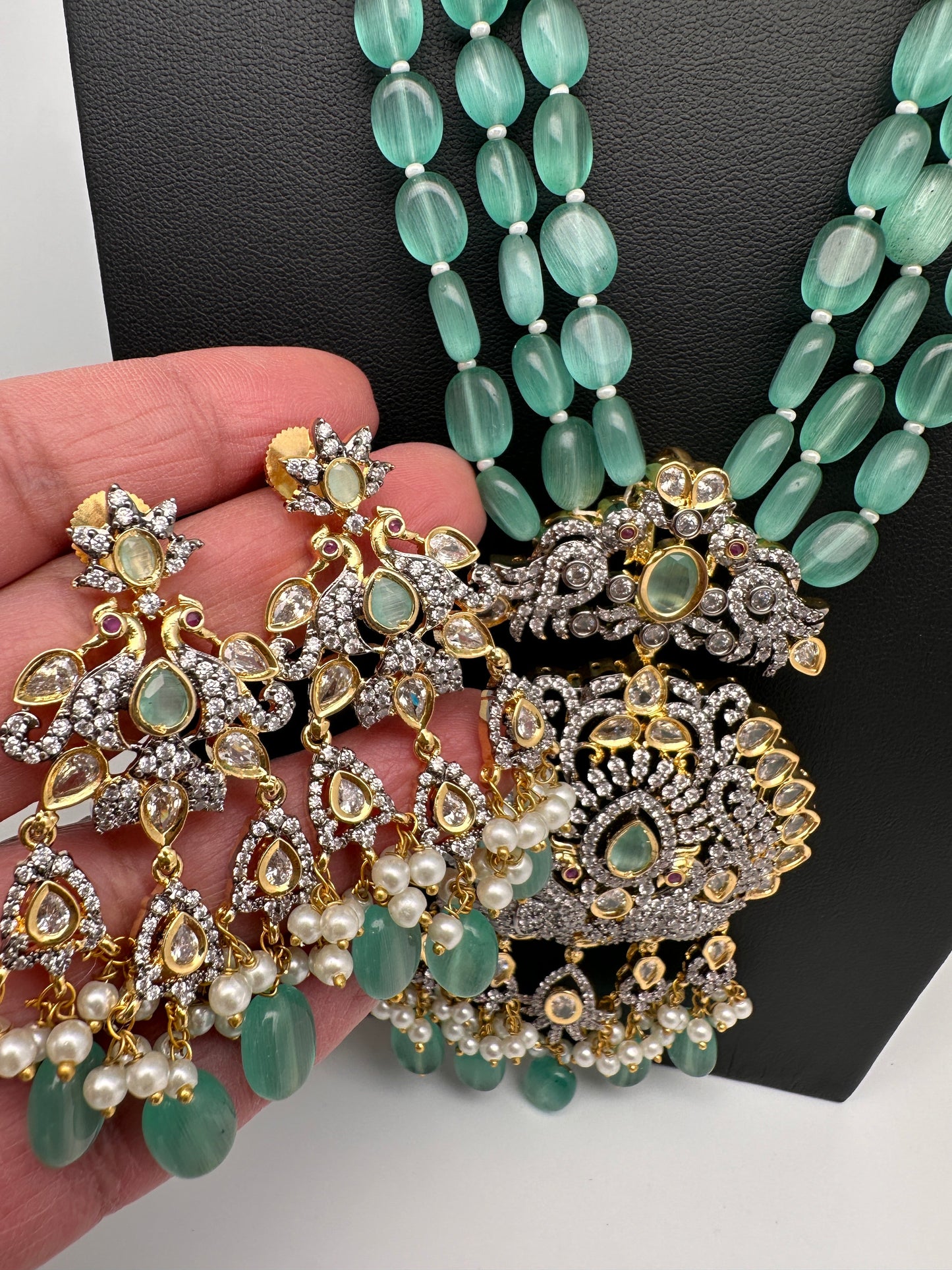 AD Floral Mint Green Beads Necklace