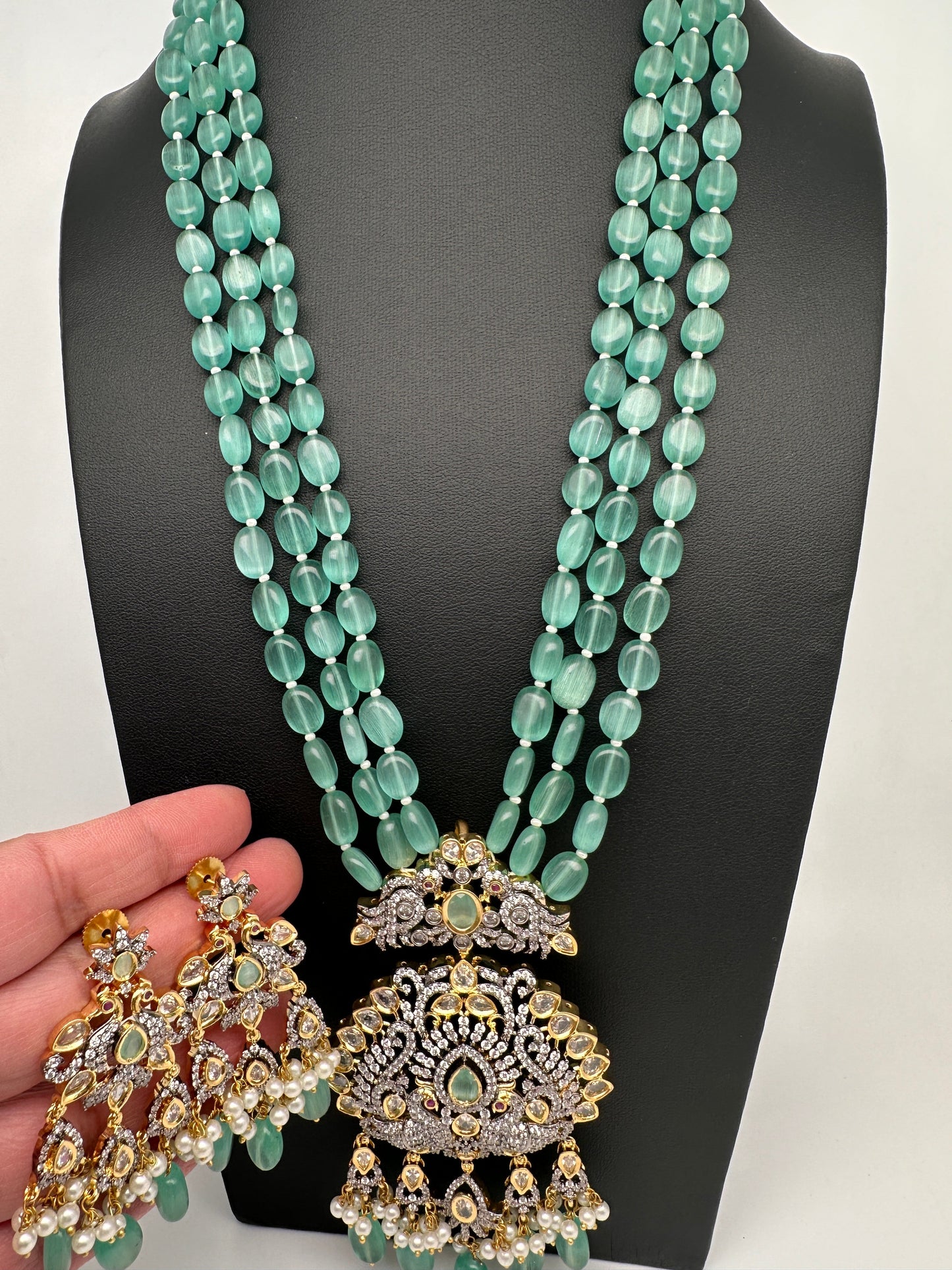AD Floral Mint Green Beads Necklace