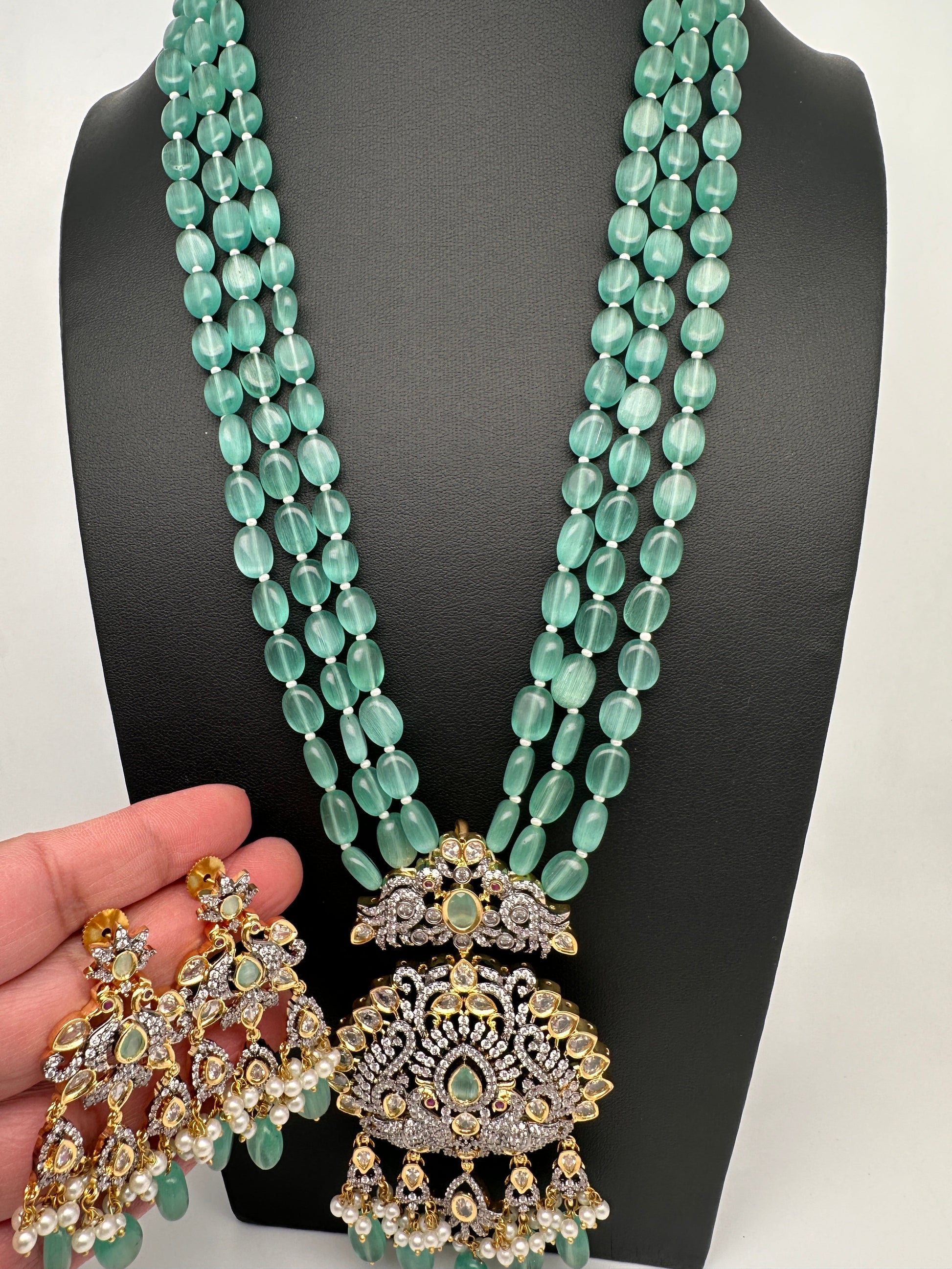 AD Floral Mint Green Beads Necklace