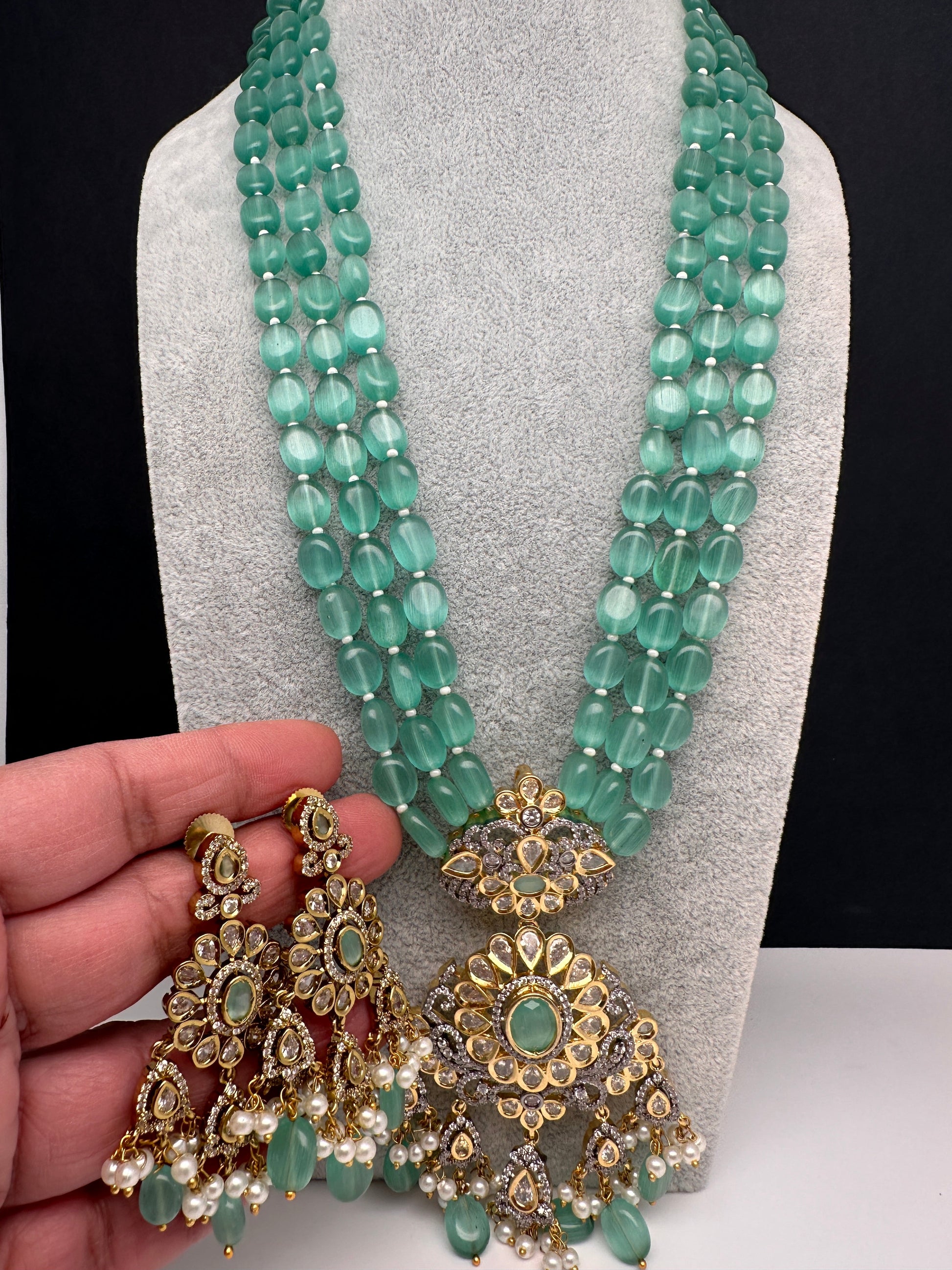 AD Floral Mint Green Beads Necklace
