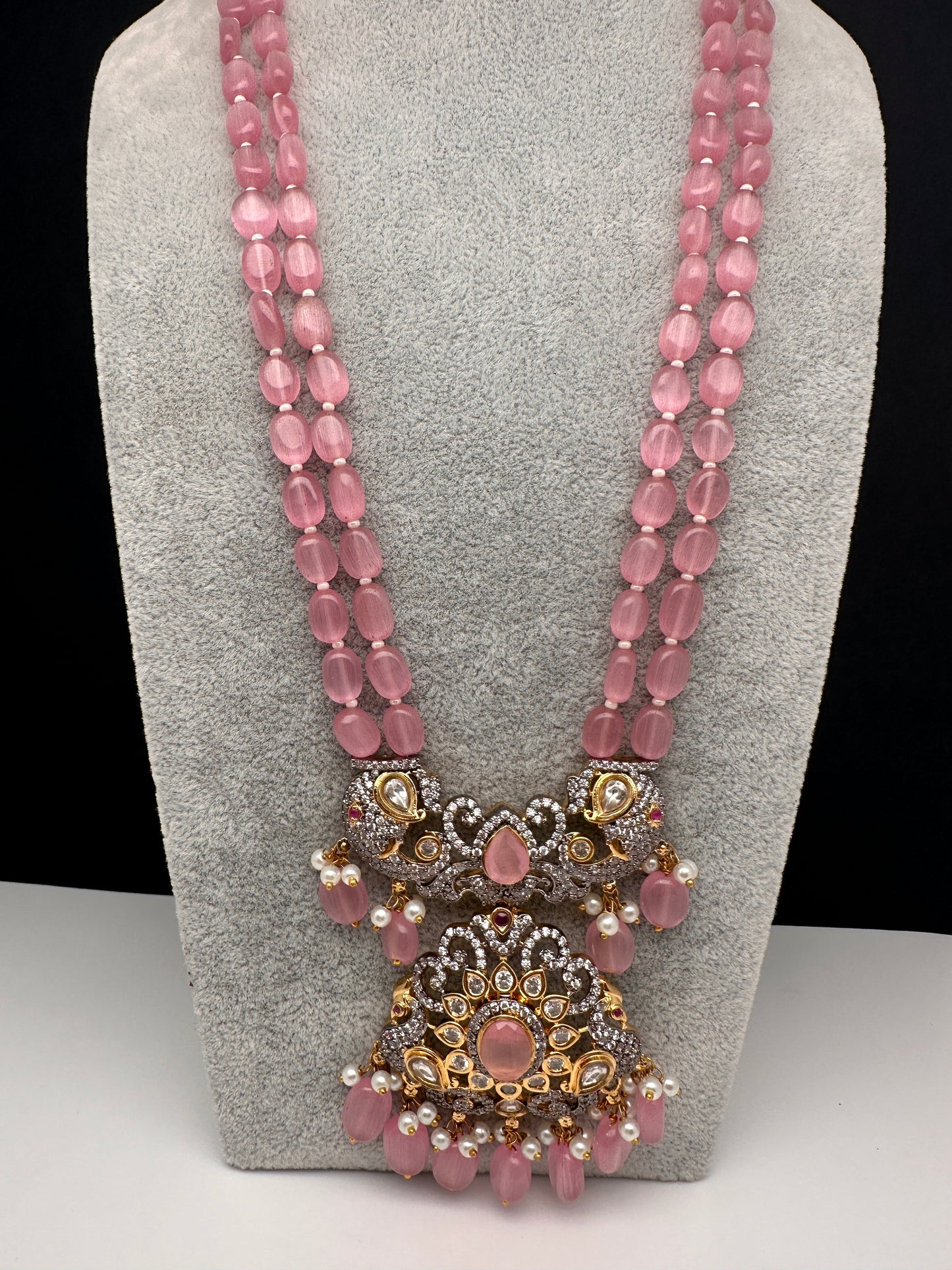 AD Double line Pink Monalisa Beads Necklace