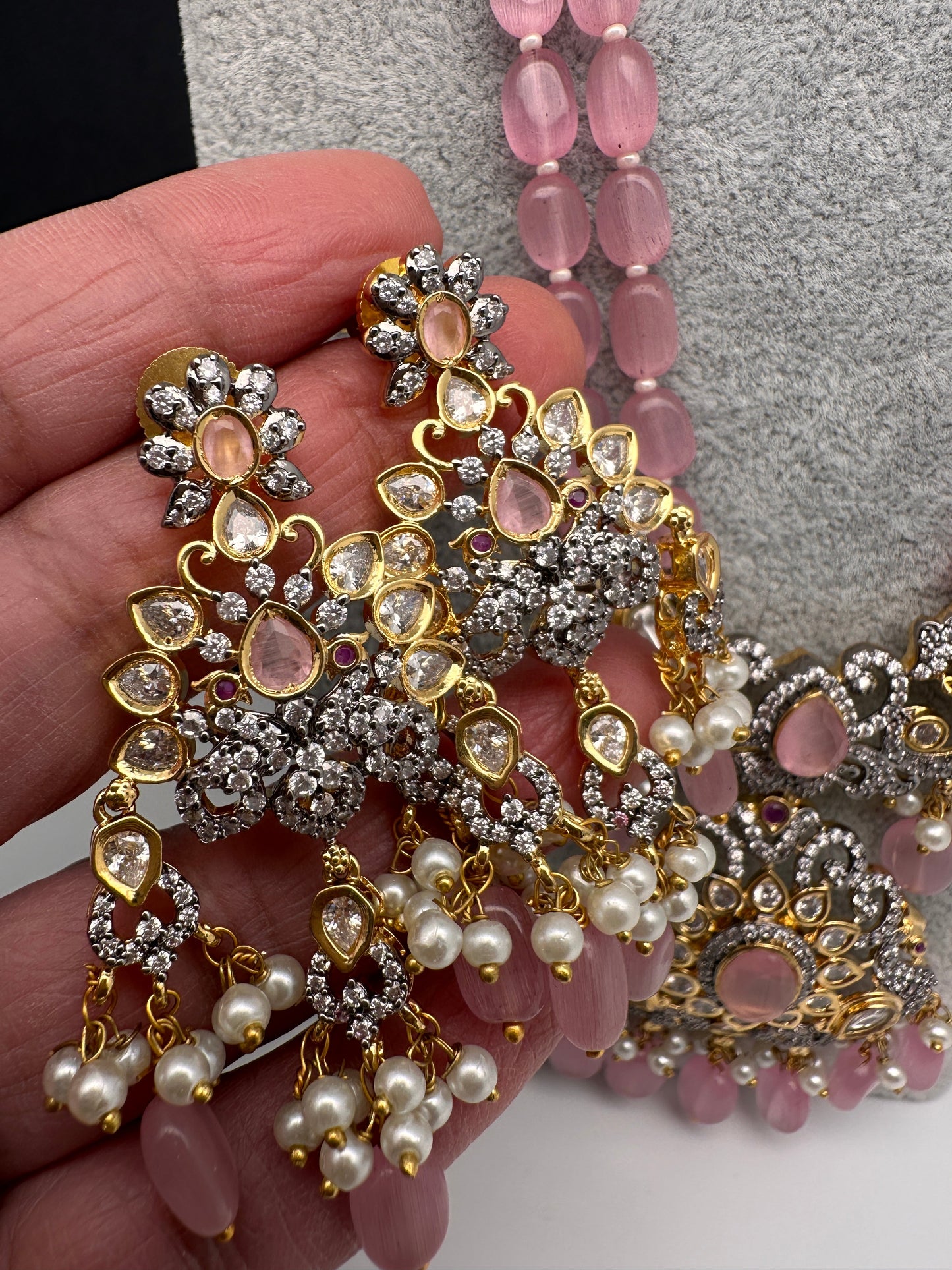 AD Double line Pink Monalisa Beads Necklace