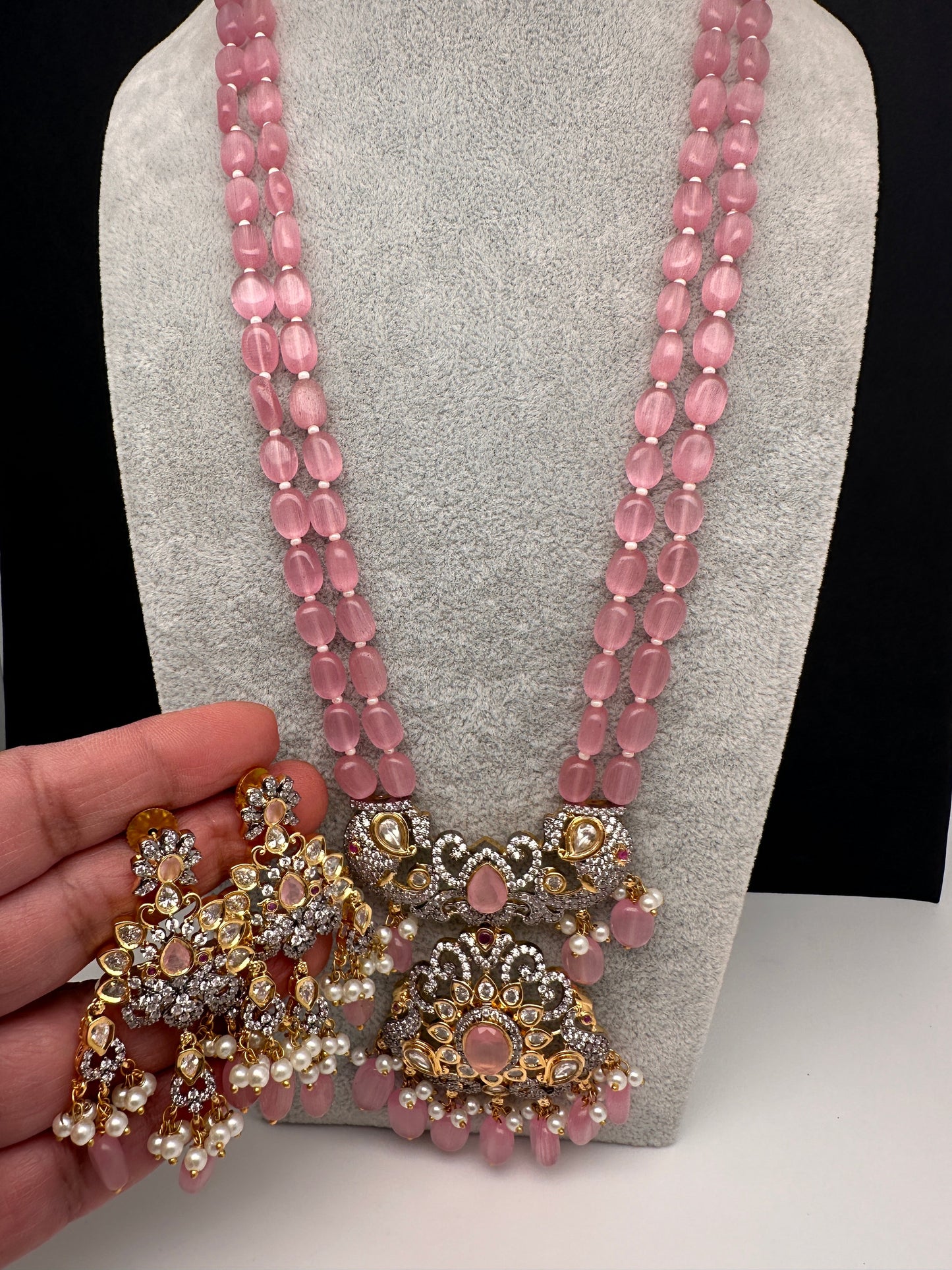 AD Double line Pink Monalisa Beads Necklace