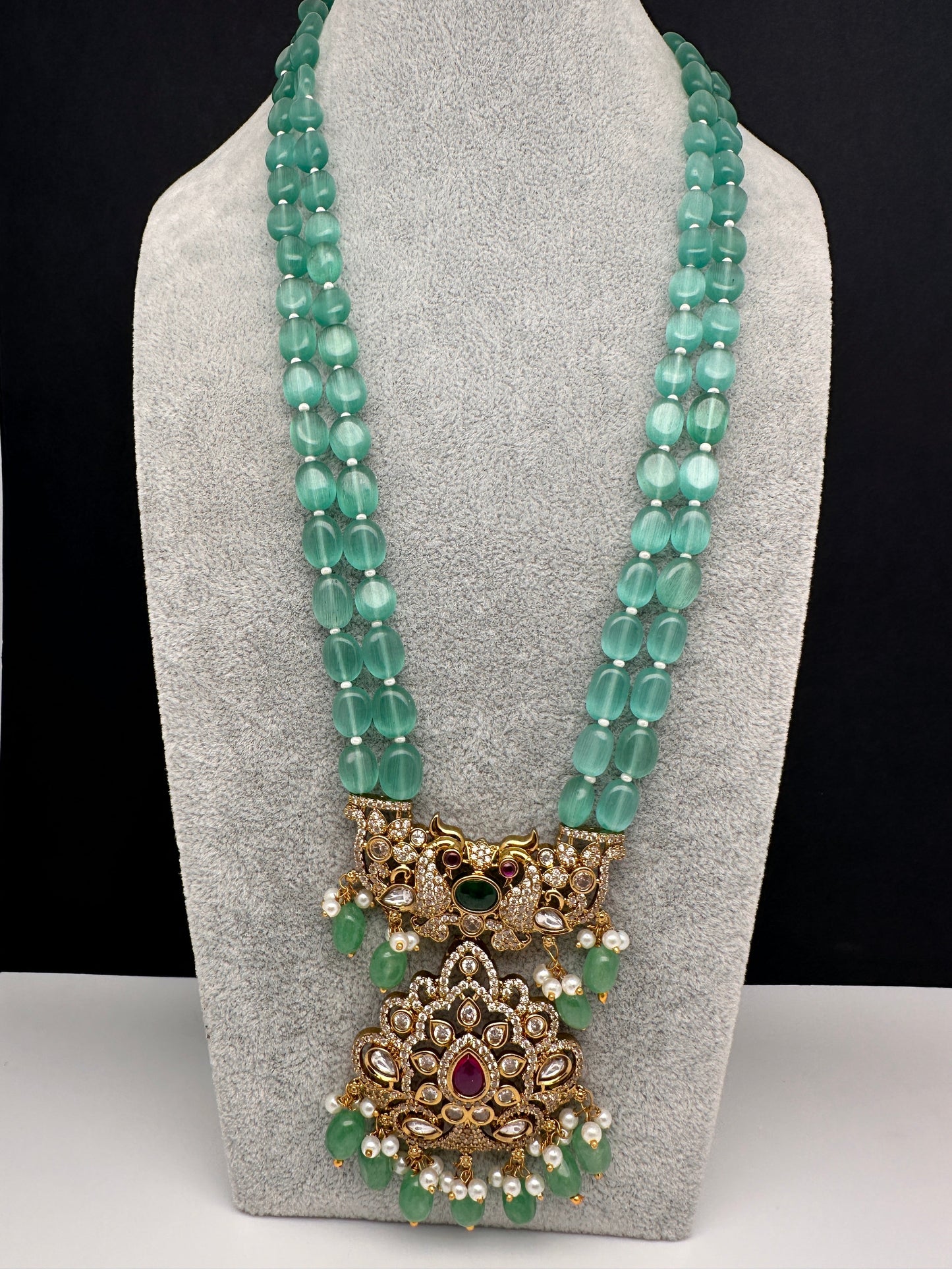 Victorian Multi Stone Double line Mint Monalisa Beads Necklace