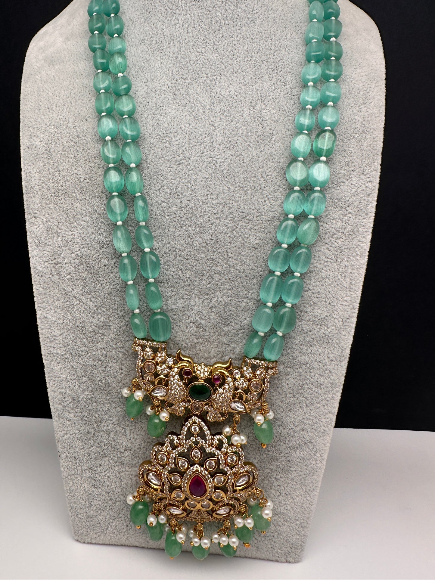 Victorian Multi Stone Double line Mint Monalisa Beads Necklace