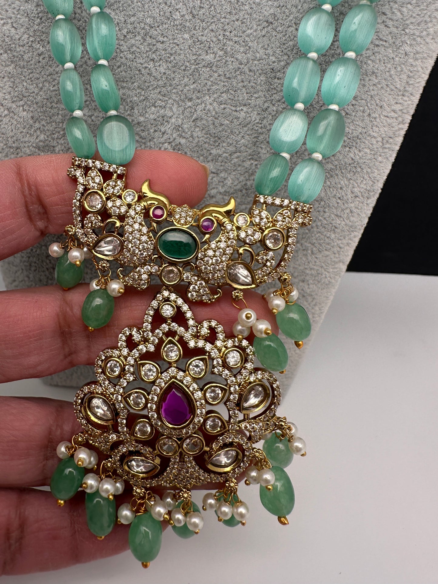 Victorian Multi Stone Double line Mint Monalisa Beads Necklace