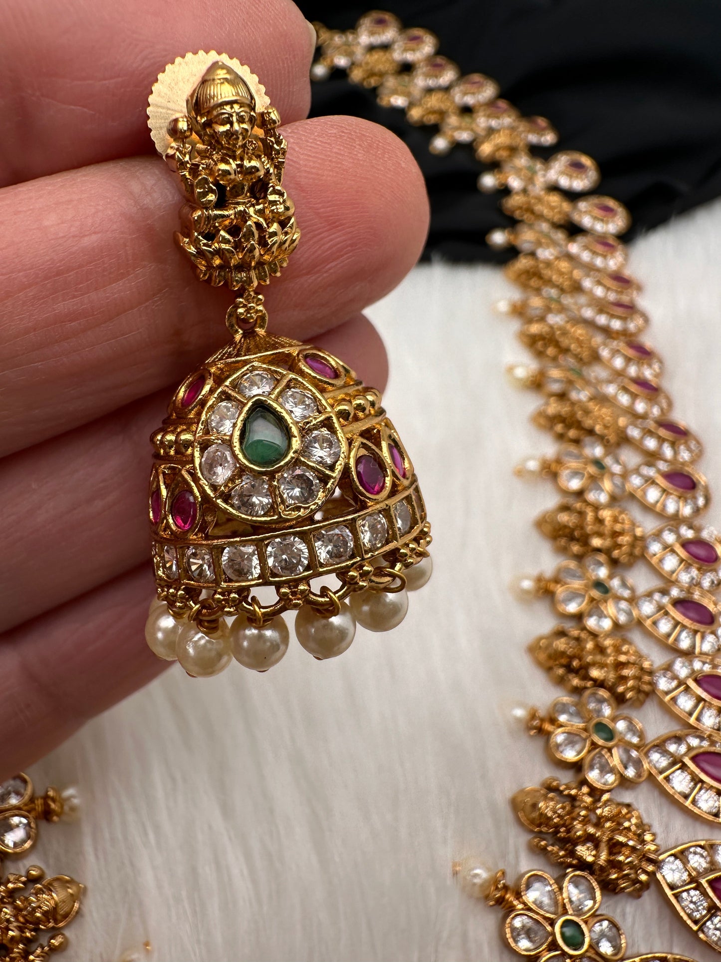 Kempu Goddess Lakshmi CZ Long Necklace