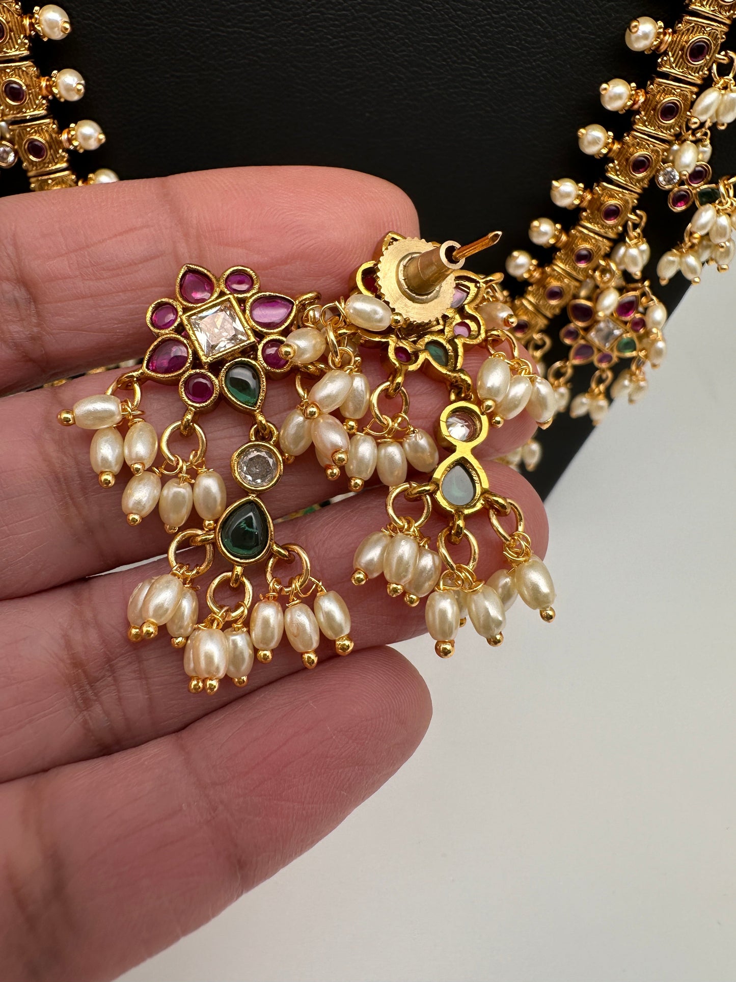 Rice Pearls Multi Color Kempu Guttapusalu Necklace