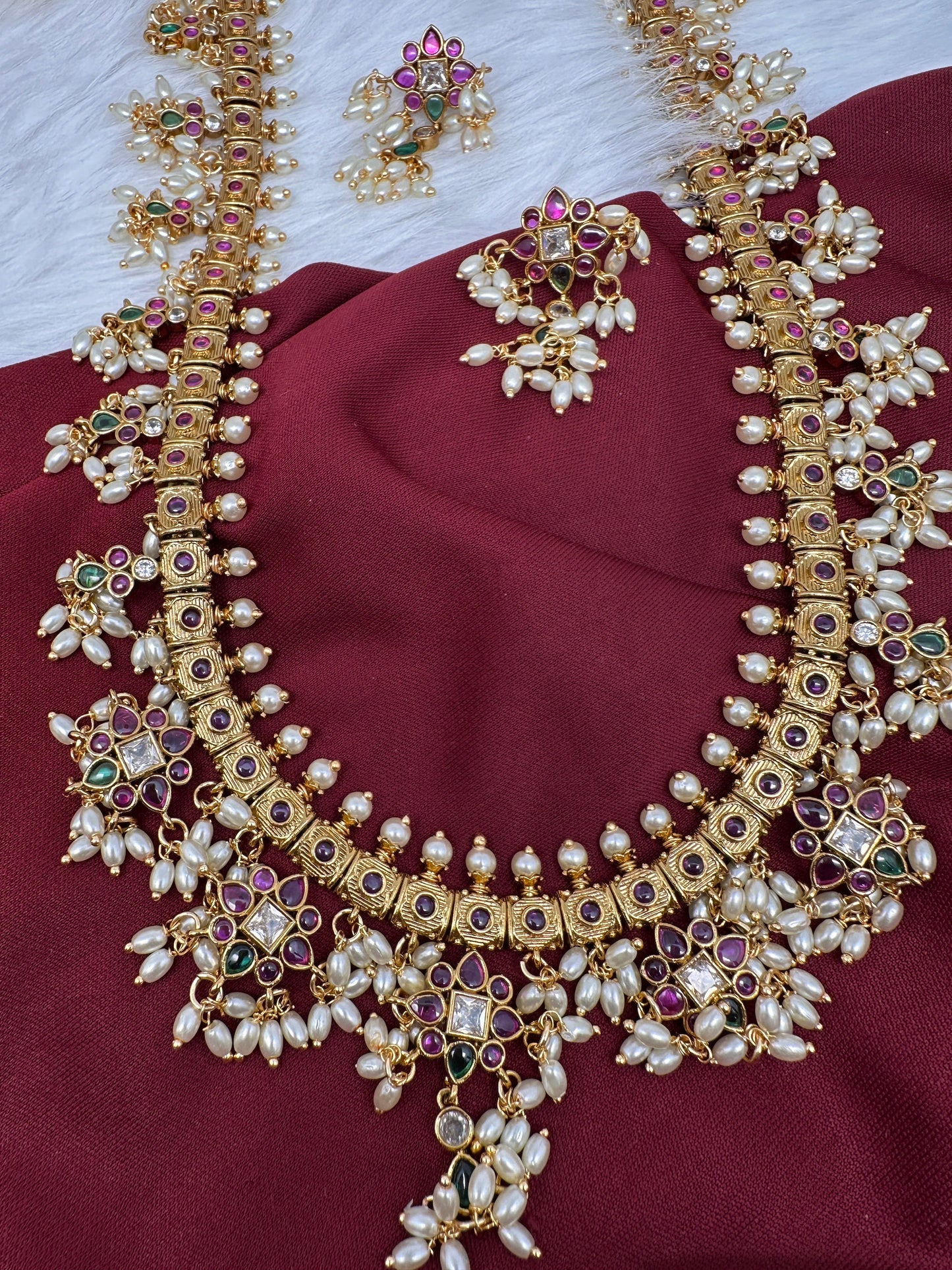 Rice Pearls Multi Color Kempu Guttapusalu Necklace