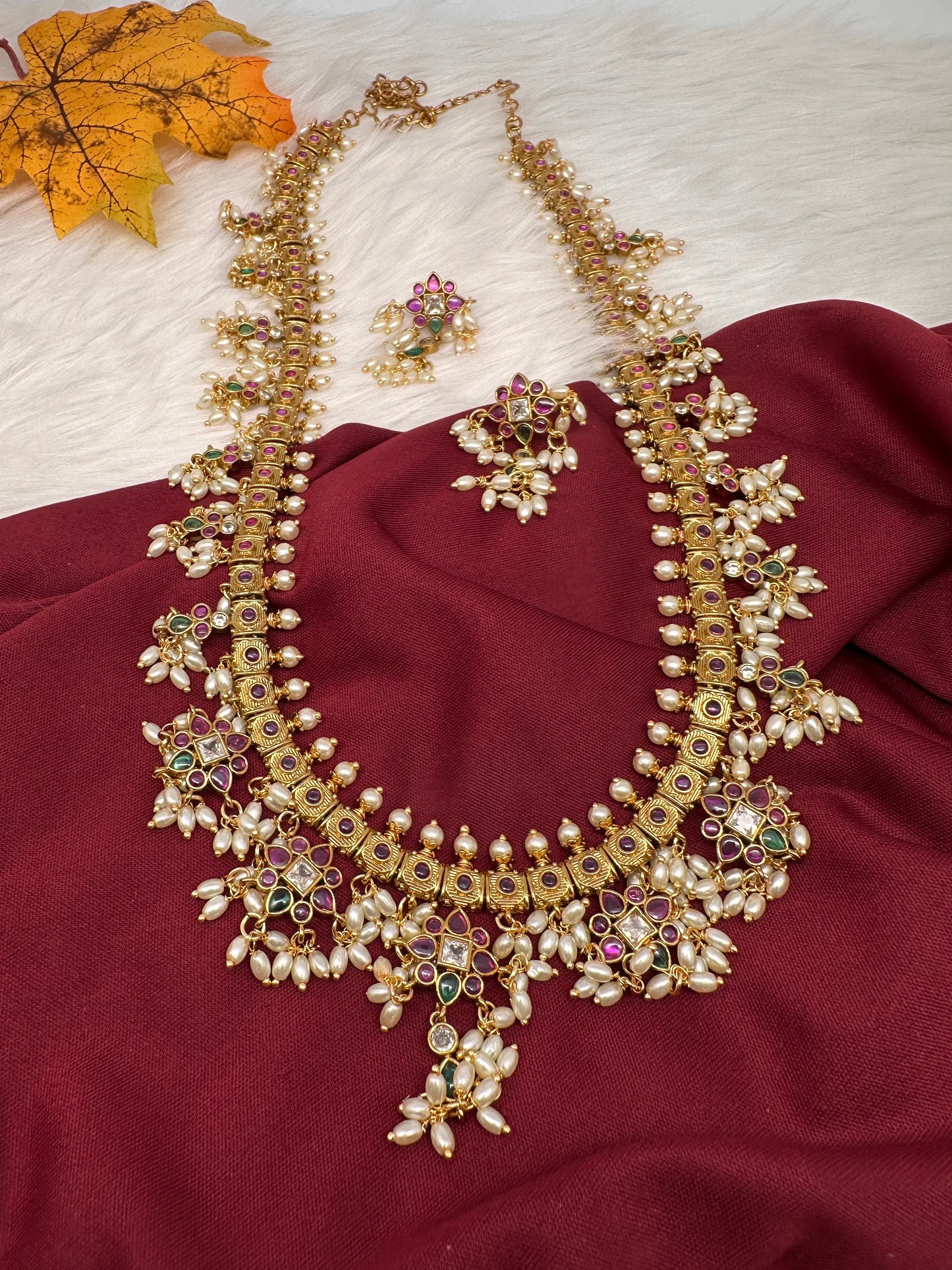 Rice Pearls Multi Color Kempu Guttapusalu Necklace