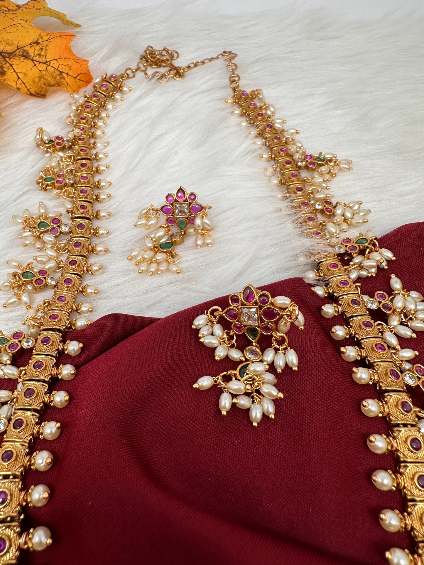 Rice Pearls Multi Color Kempu Guttapusalu Necklace