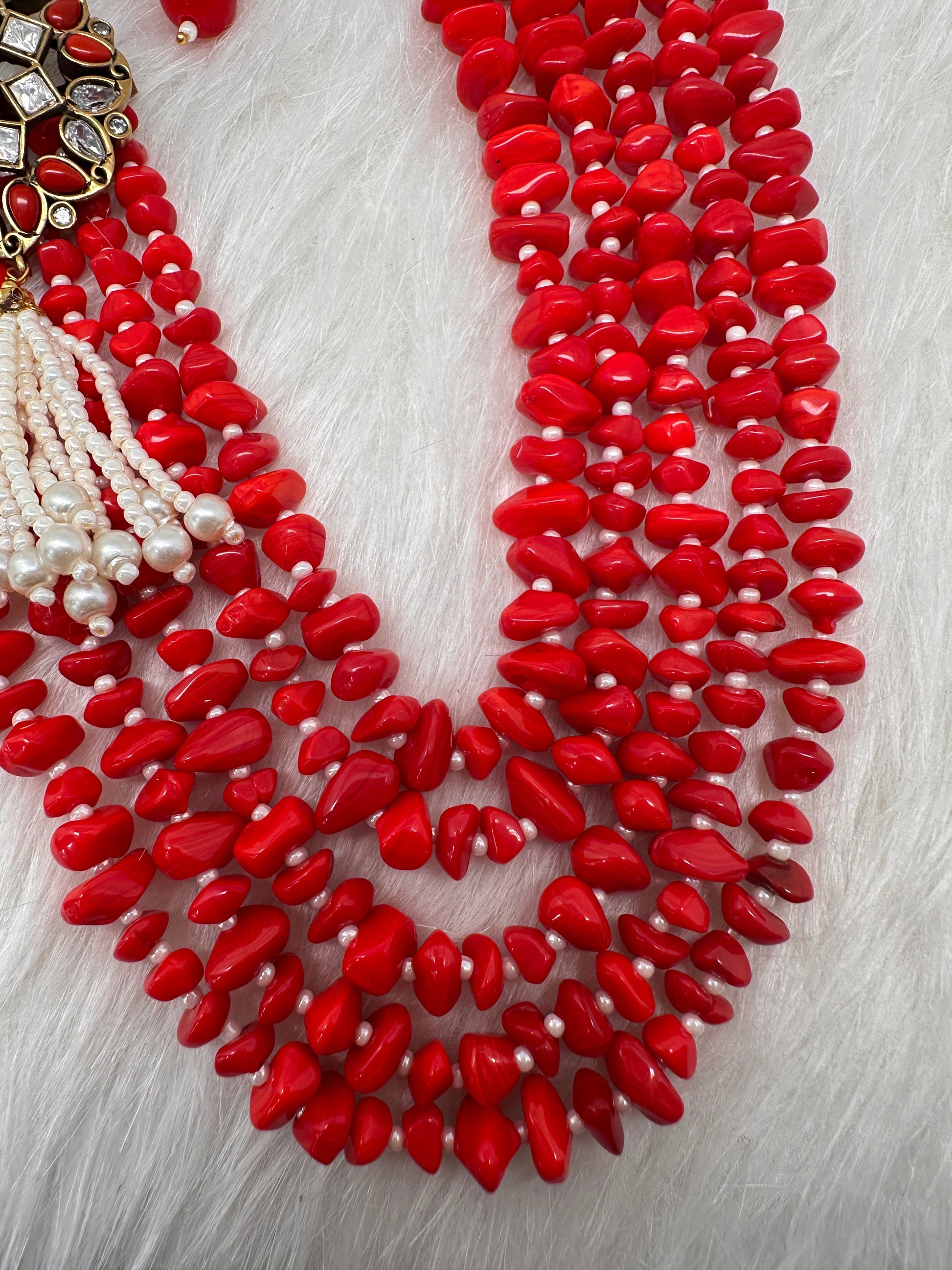 Moissanite Kundan Side Pendent Color Monalisa Beads Necklace - Coral