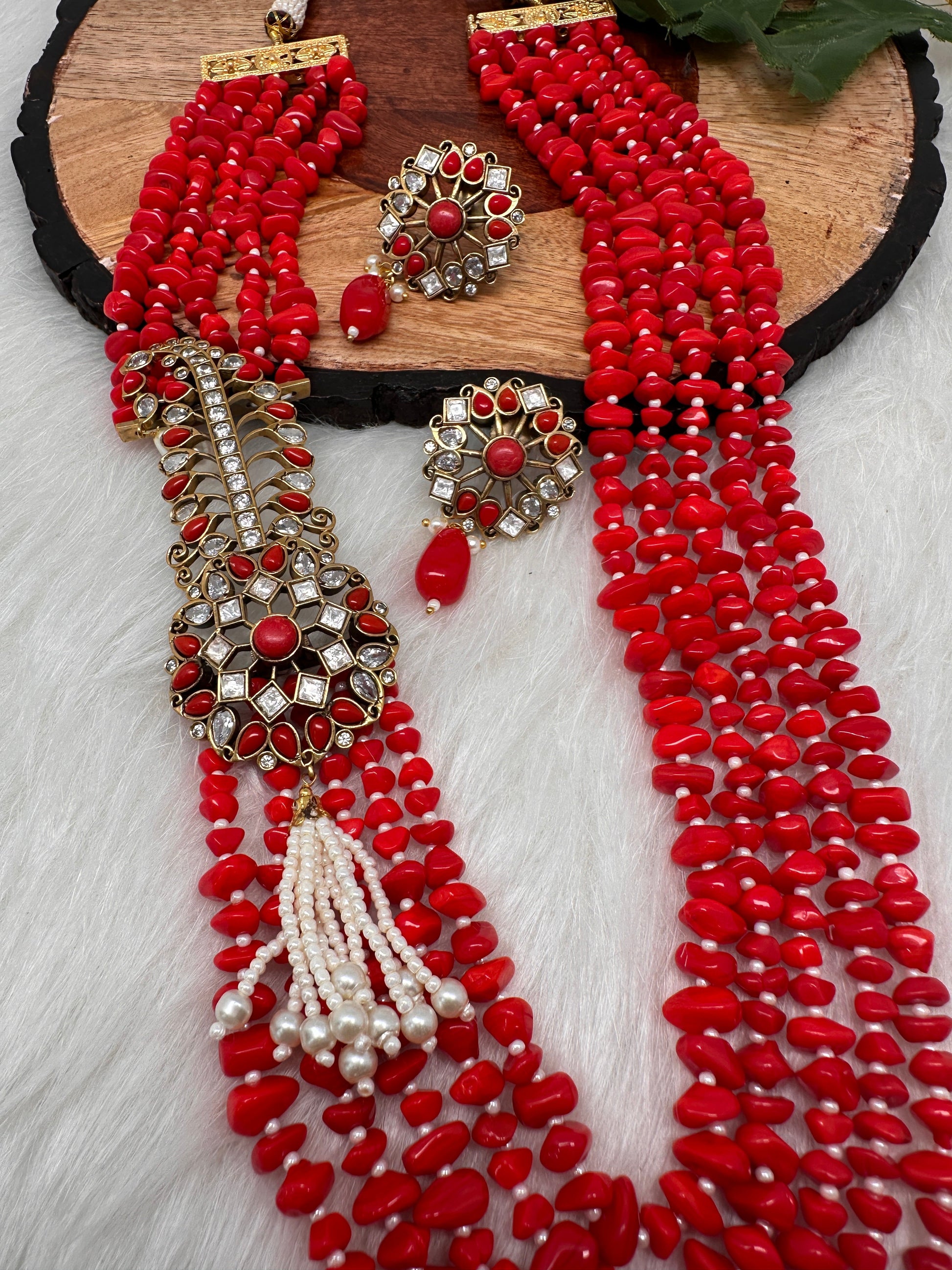 Moissanite Kundan Side Pendent Color Monalisa Beads Necklace - Coral