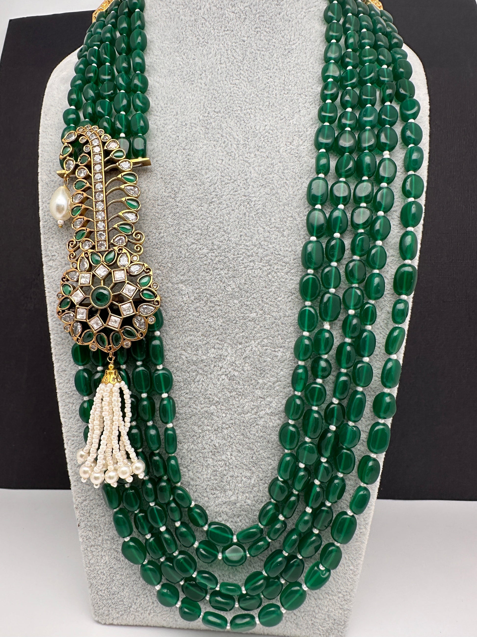 Moissanite Kundan Side Pendent Color Monalisa Beads Necklace - Green