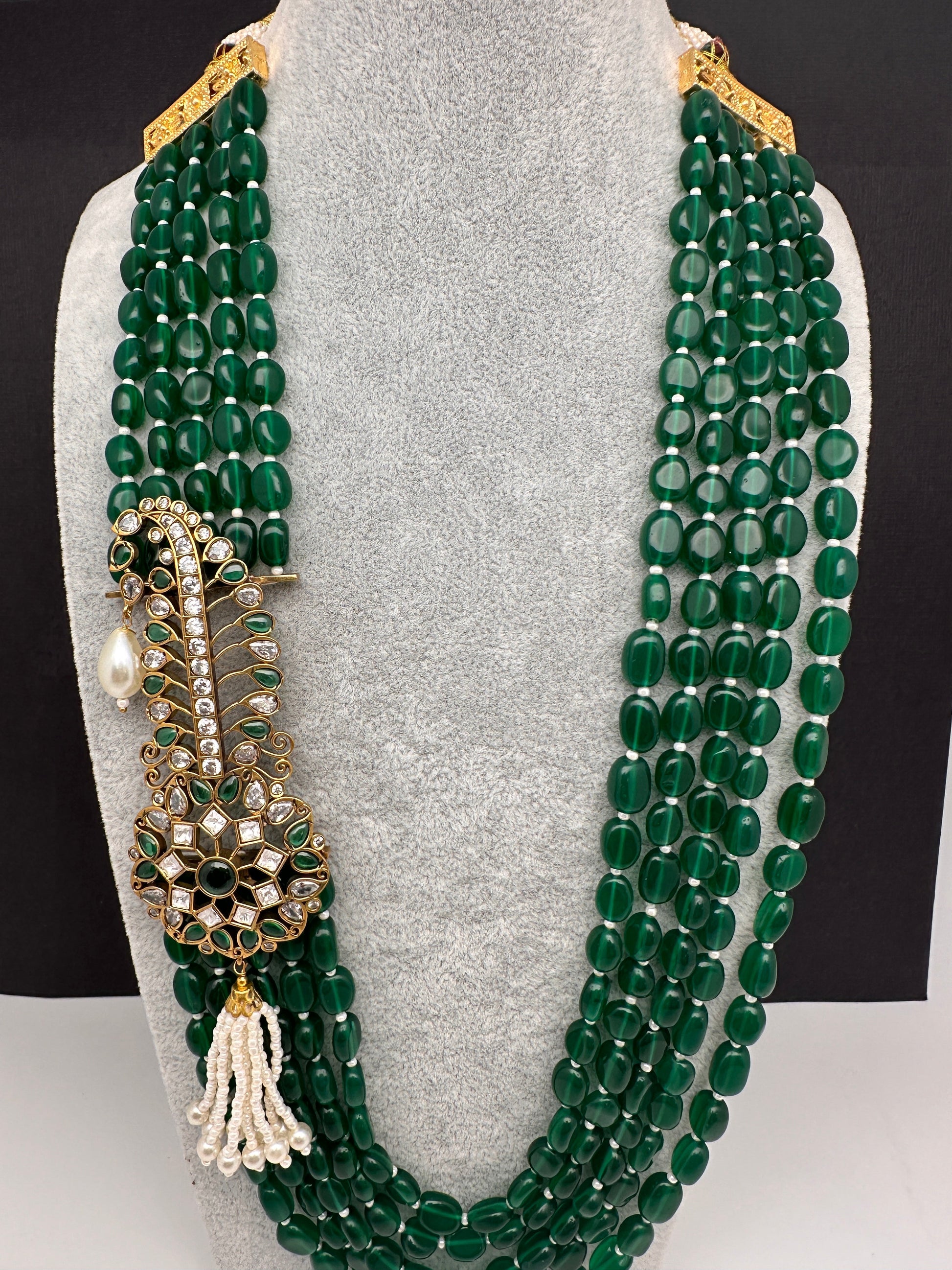 Moissanite Kundan Side Pendent Color Monalisa Beads Necklace - Green