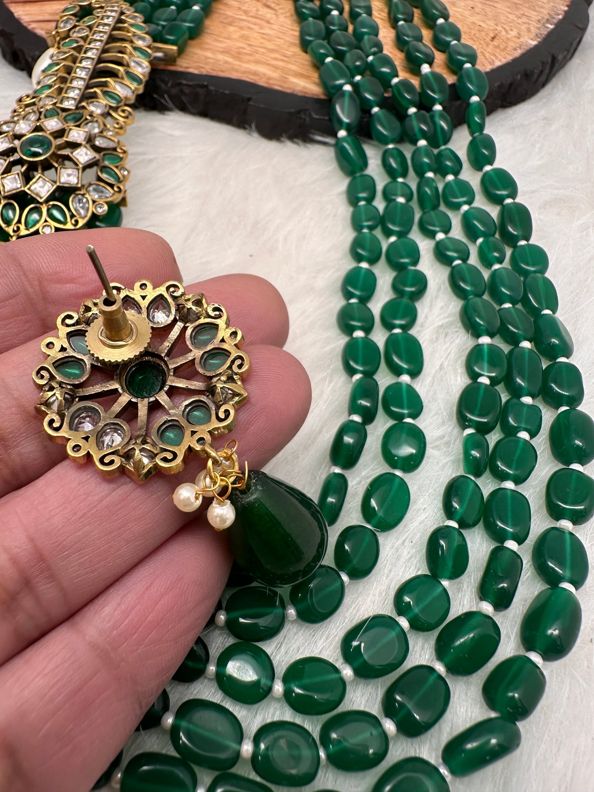 Moissanite Kundan Side Pendent Color Monalisa Beads Necklace - Green