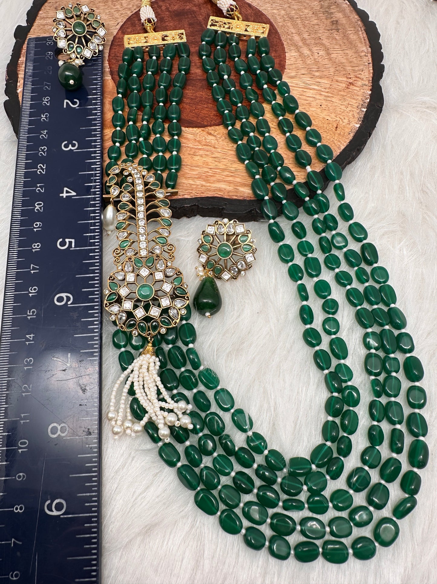 Moissanite Kundan Side Pendent Color Monalisa Beads Necklace - Green