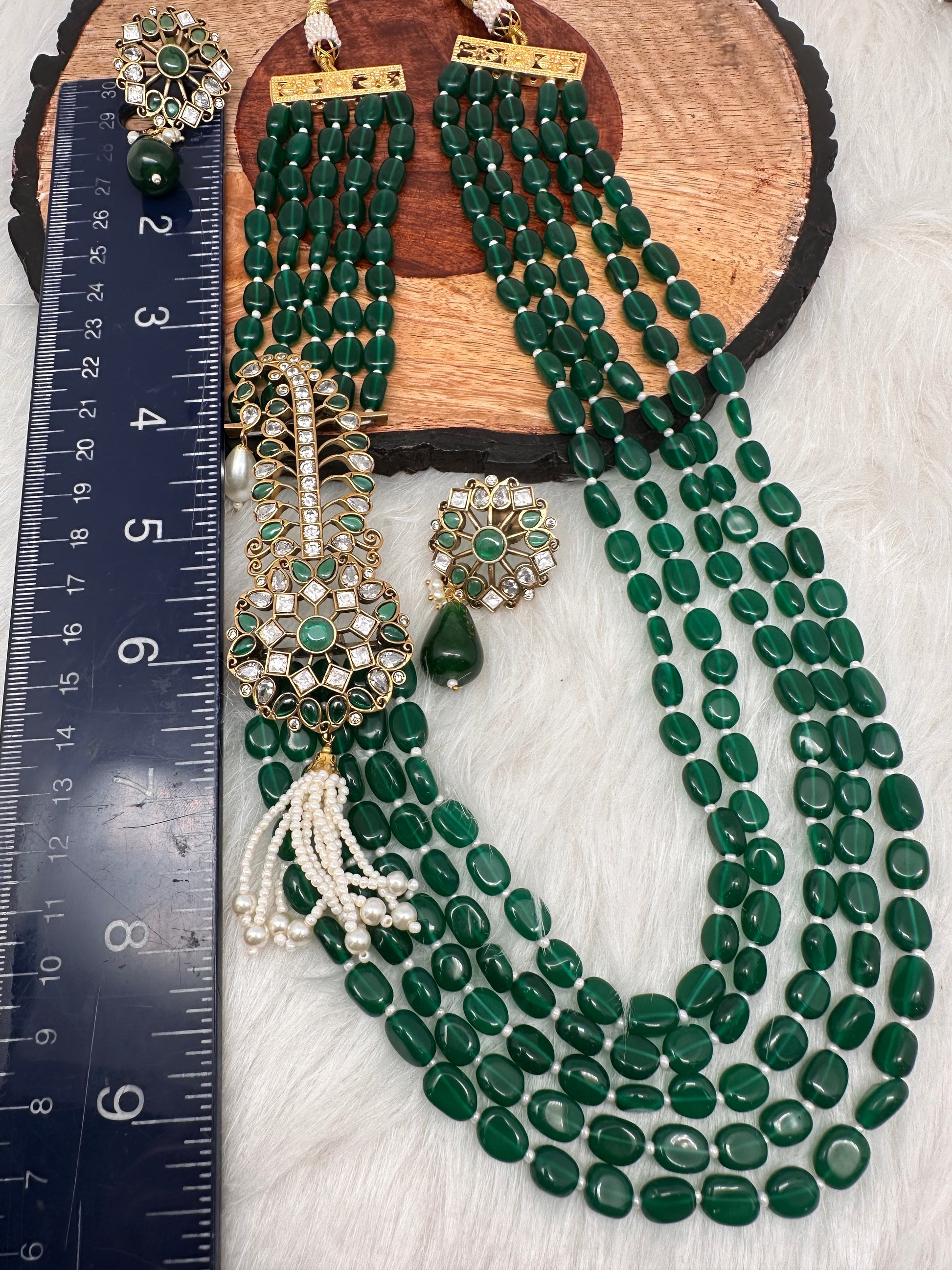 Moissanite Kundan Side Pendent Color Monalisa Beads Necklace - Green