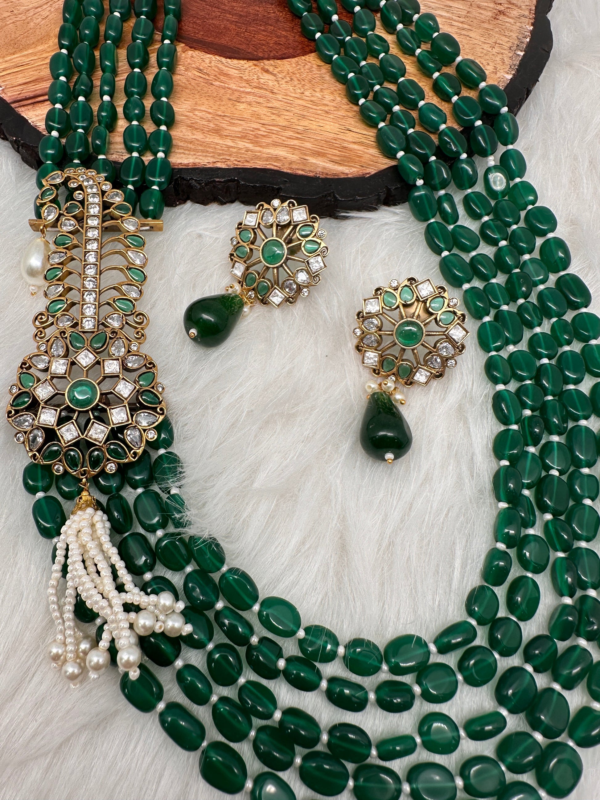 Moissanite Kundan Side Pendent Color Monalisa Beads Necklace - Green