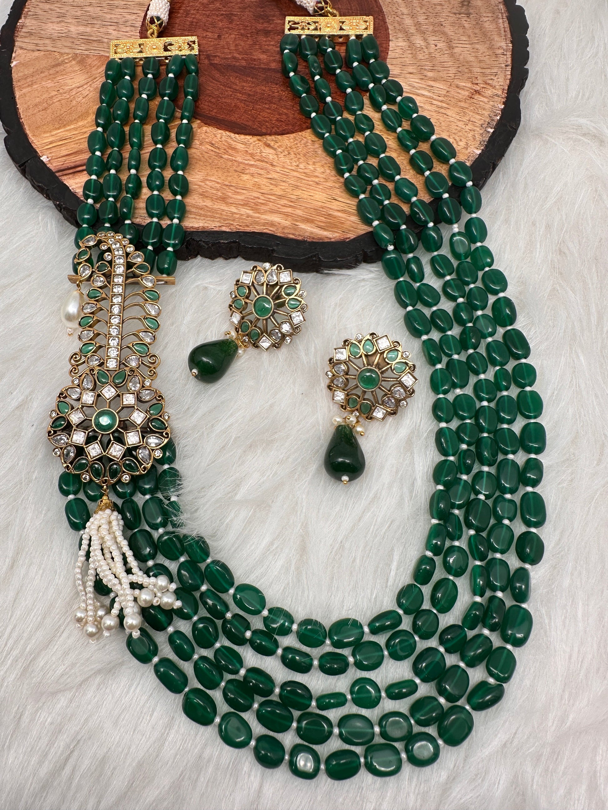 Moissanite Kundan Side Pendent Color Monalisa Beads Necklace - Green