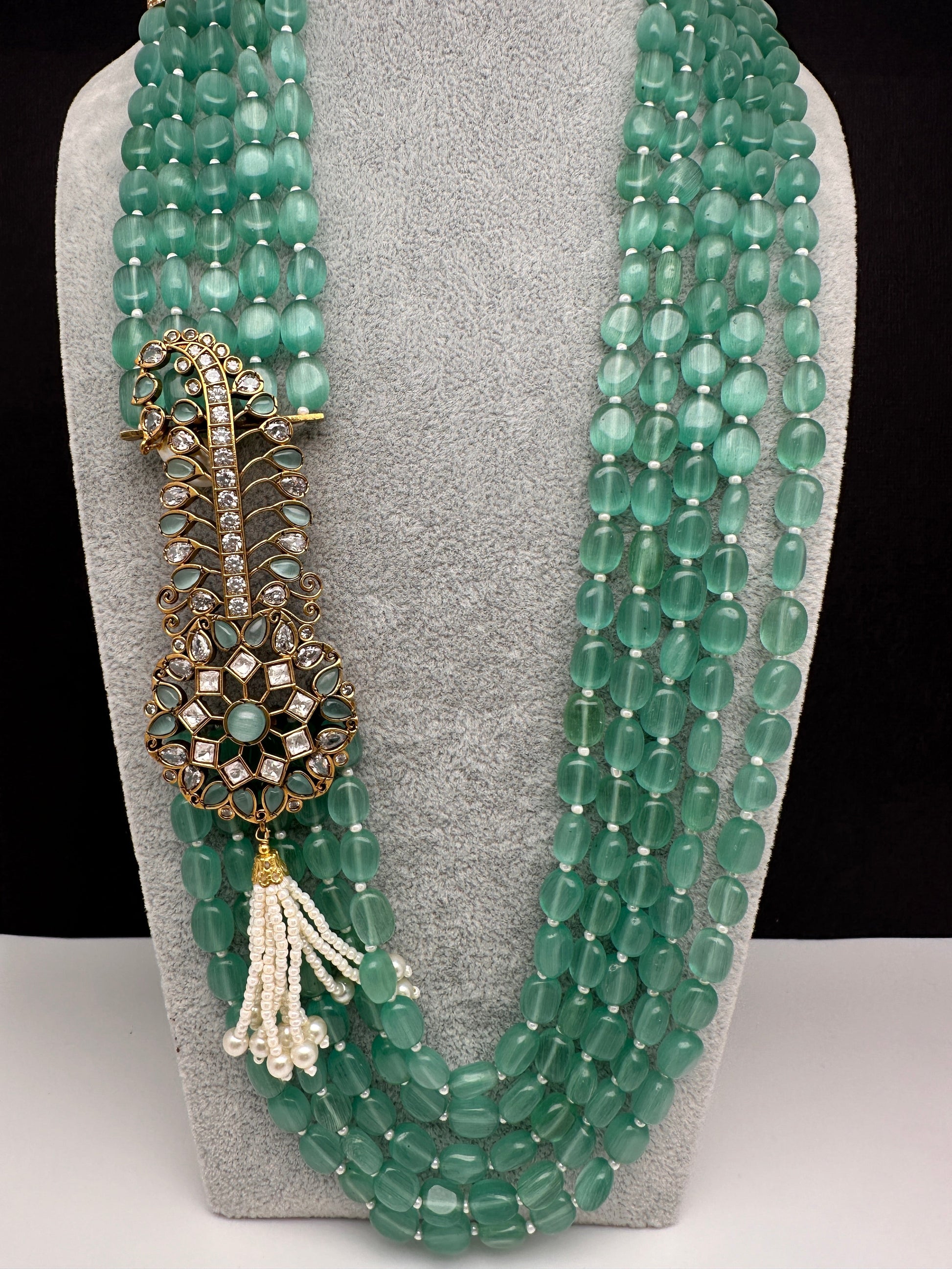 Moissanite Kundan Side Pendent Color Monalisa Beads Necklace - LightGreen