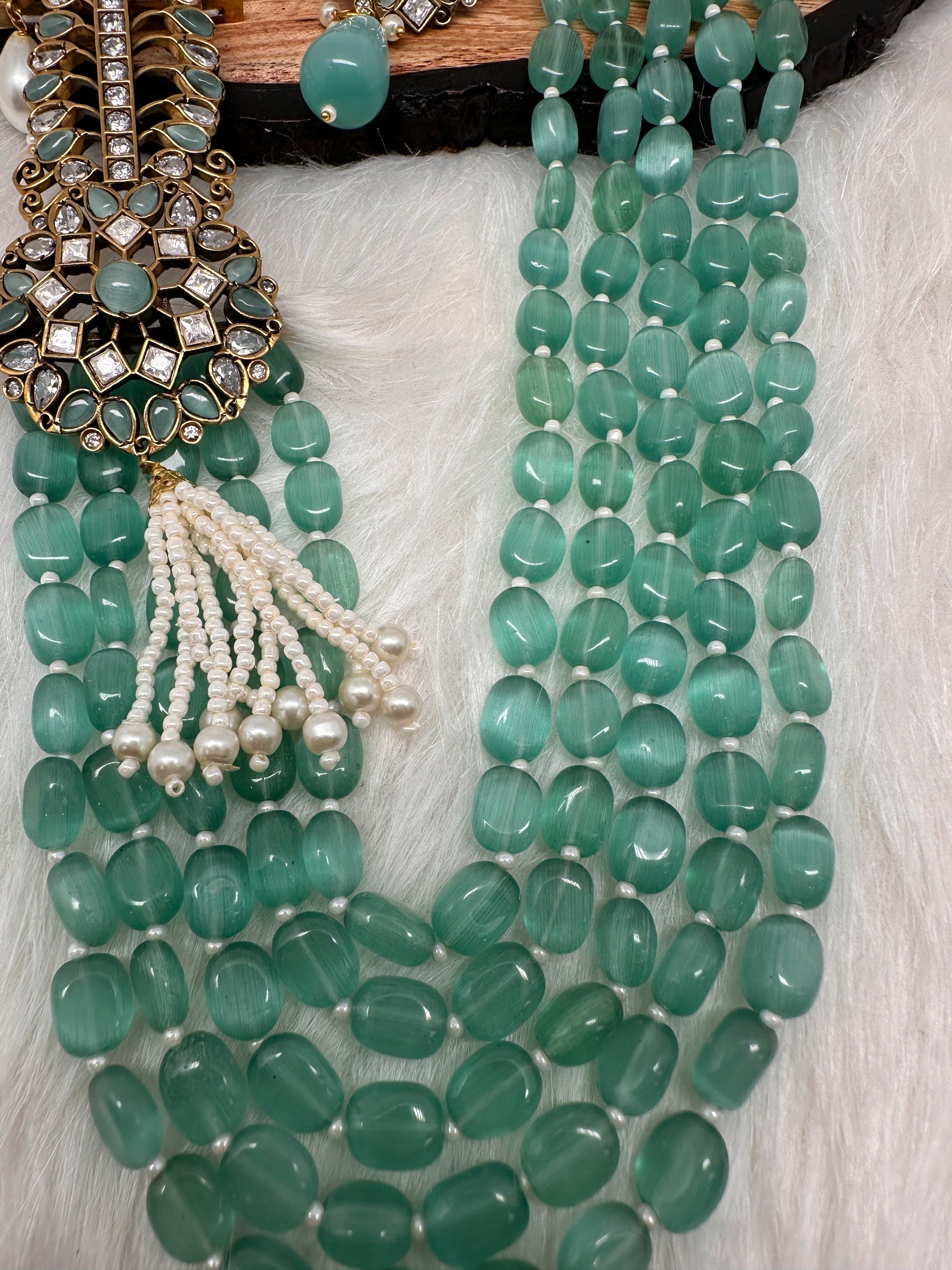 Moissanite Kundan Side Pendent Color Monalisa Beads Necklace - LightGreen