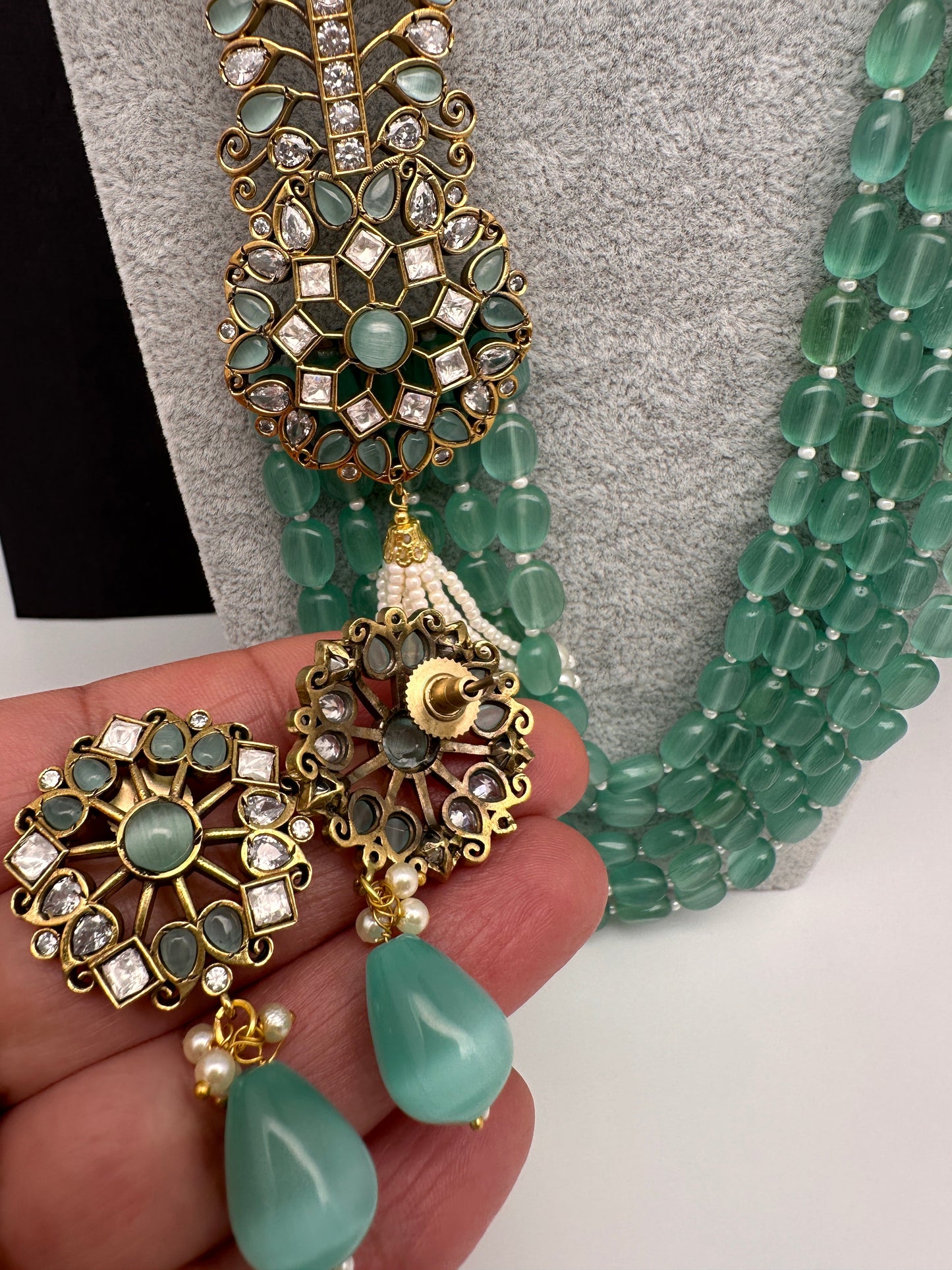 Moissanite Kundan Side Pendent Color Monalisa Beads Necklace - LightGreen