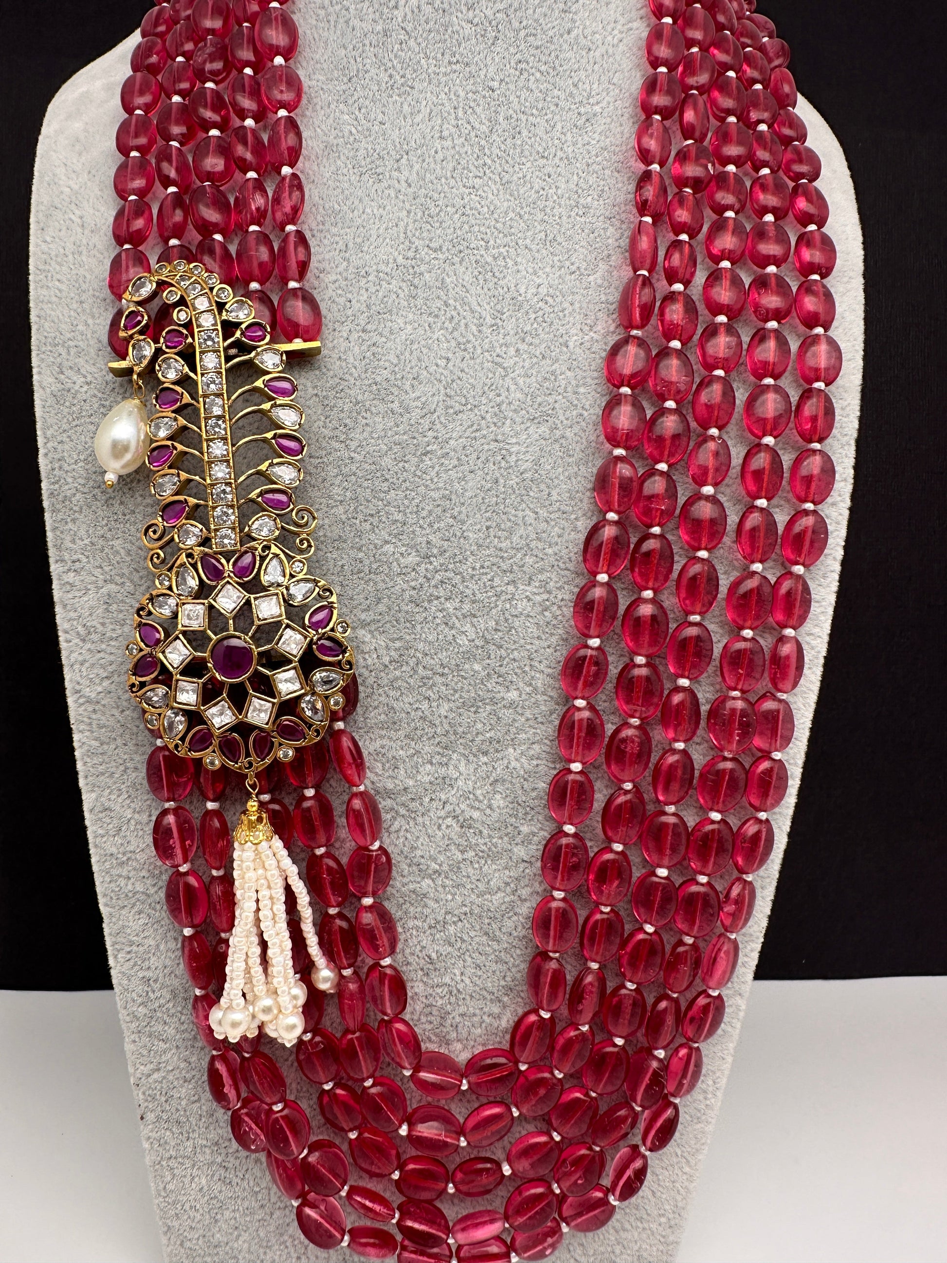 Moissanite Kundan Side Pendent Color Monalisa Beads Necklace - Pink