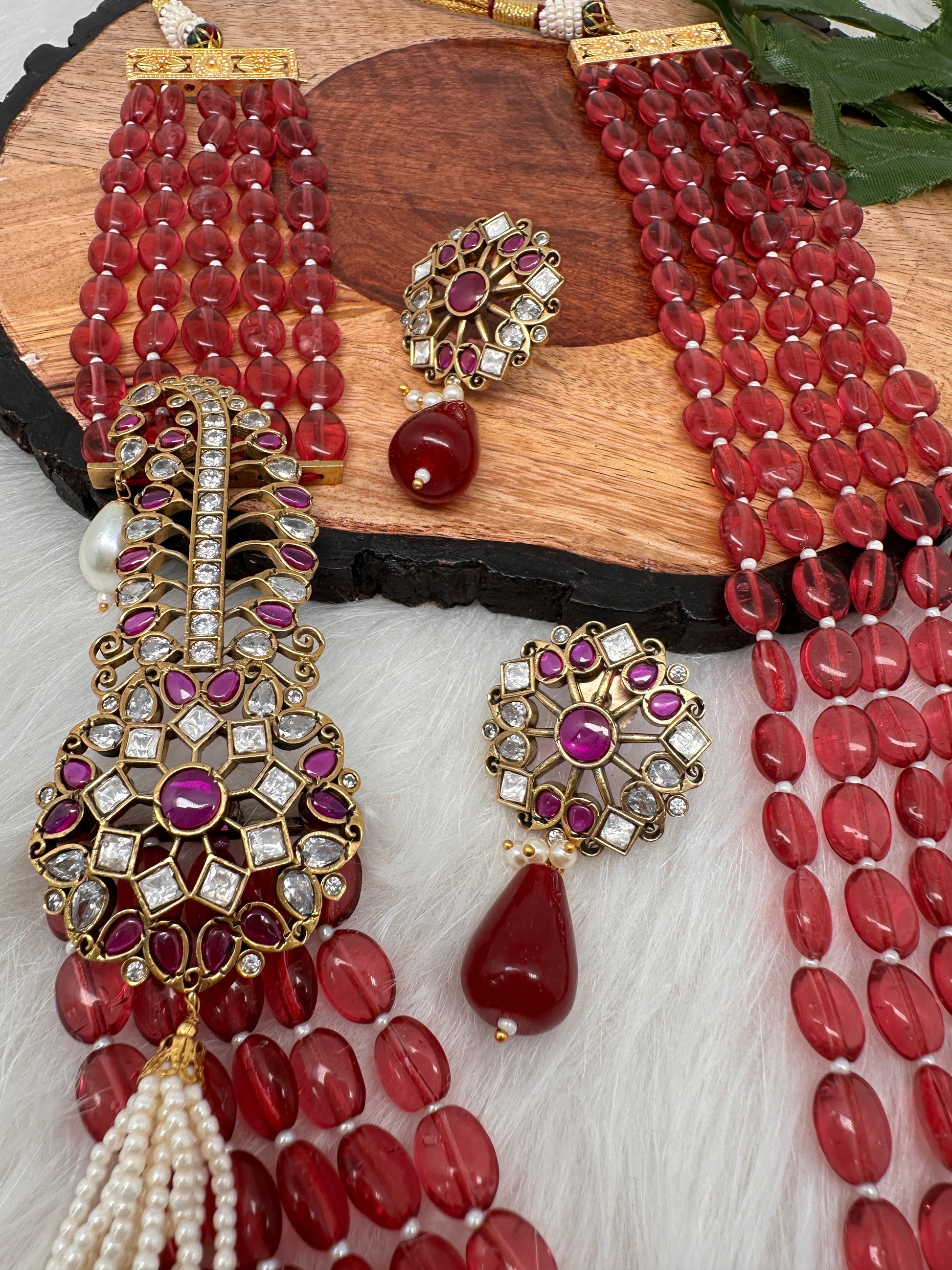 Moissanite Kundan Side Pendent Color Monalisa Beads Necklace - Pink