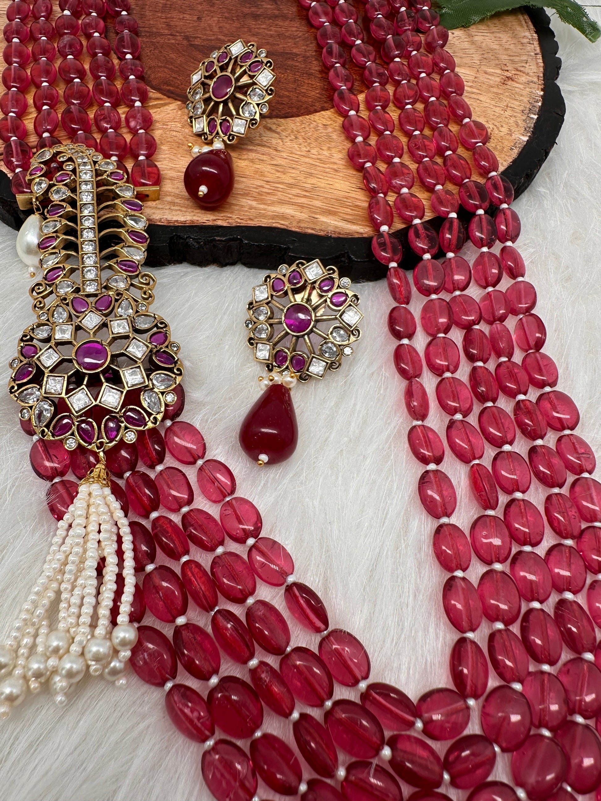 Moissanite Kundan Side Pendent Color Monalisa Beads Necklace - Pink