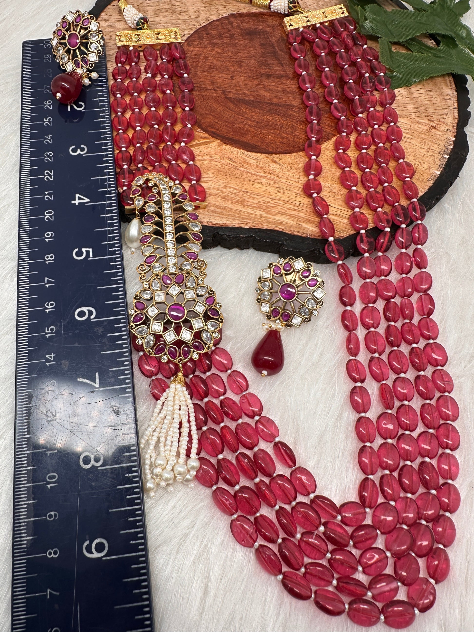 Moissanite Kundan Side Pendent Color Monalisa Beads Necklace - Pink