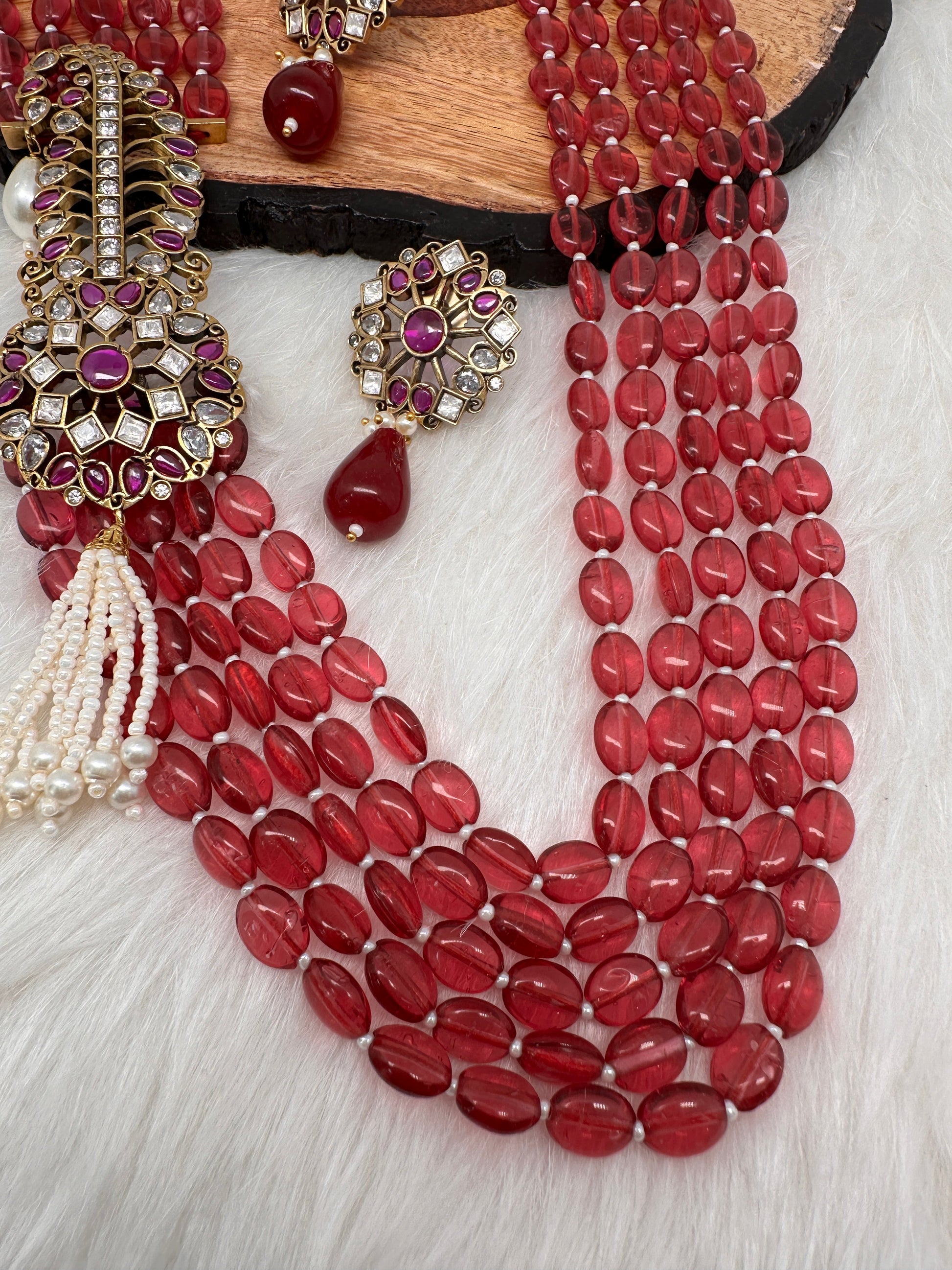 Moissanite Kundan Side Pendent Color Monalisa Beads Necklace - Pink