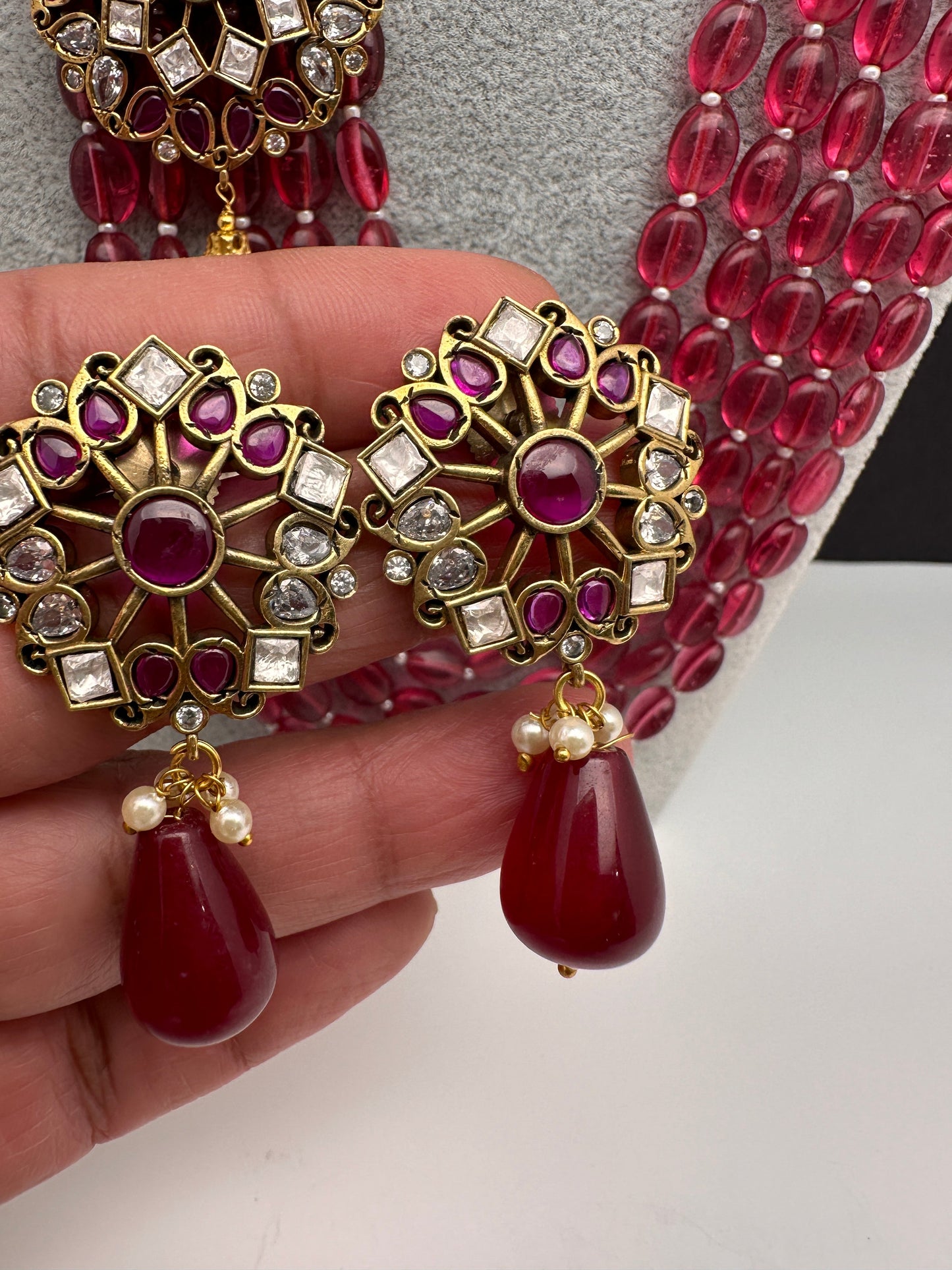 Moissanite Kundan Side Pendent Color Monalisa Beads Necklace - Pink