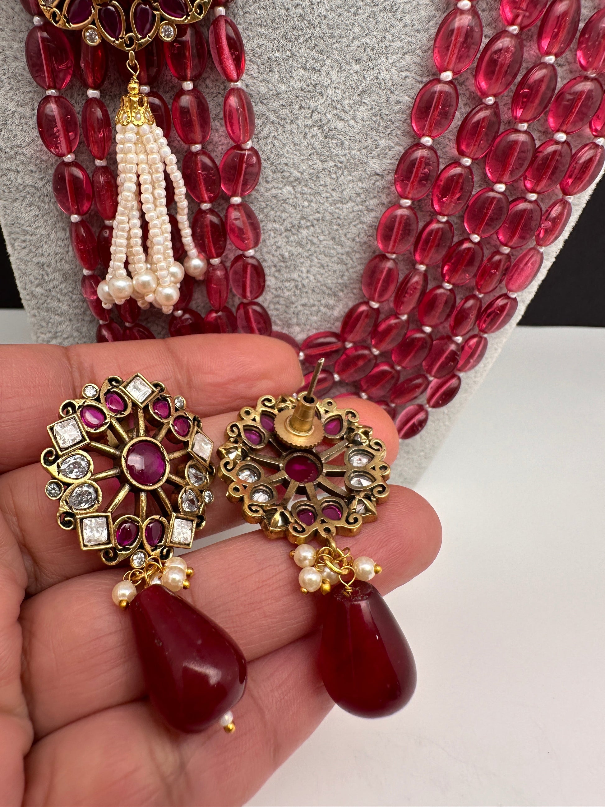 Moissanite Kundan Side Pendent Color Monalisa Beads Necklace - Pink