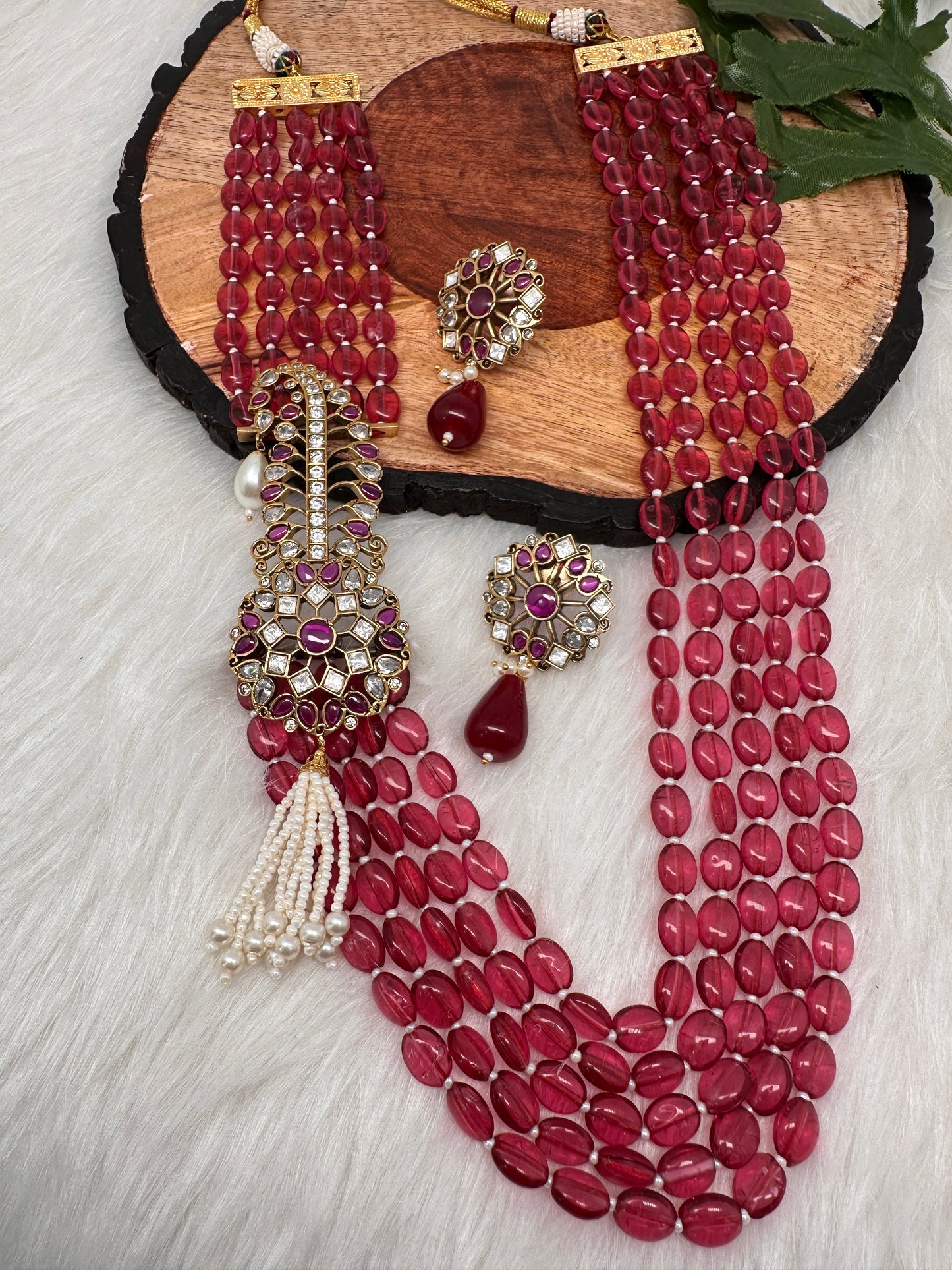 Moissanite Kundan Side Pendent Color Monalisa Beads Necklace - Pink