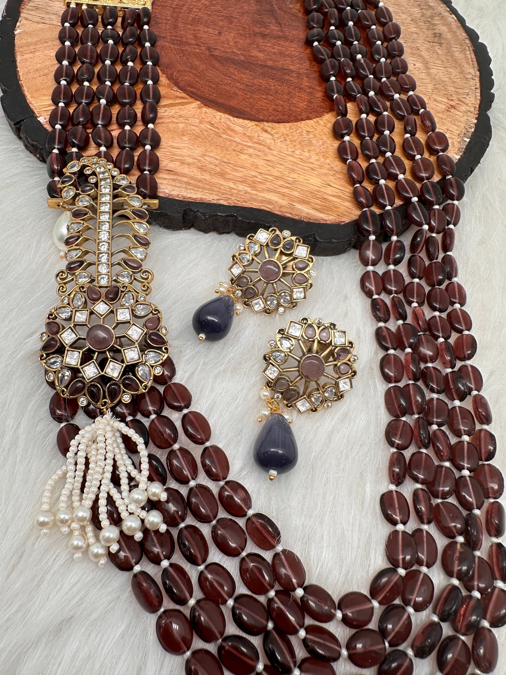 Moissanite Kundan Side Pendent Color Monalisa Beads Necklace - Purple