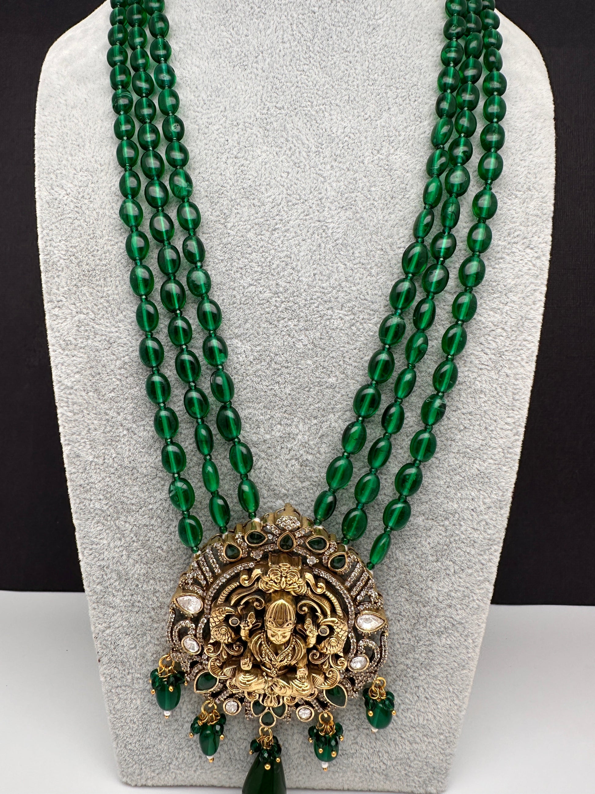 AD Kundan Goddess Lakshmi Color Monalisa Beads Necklace - Green