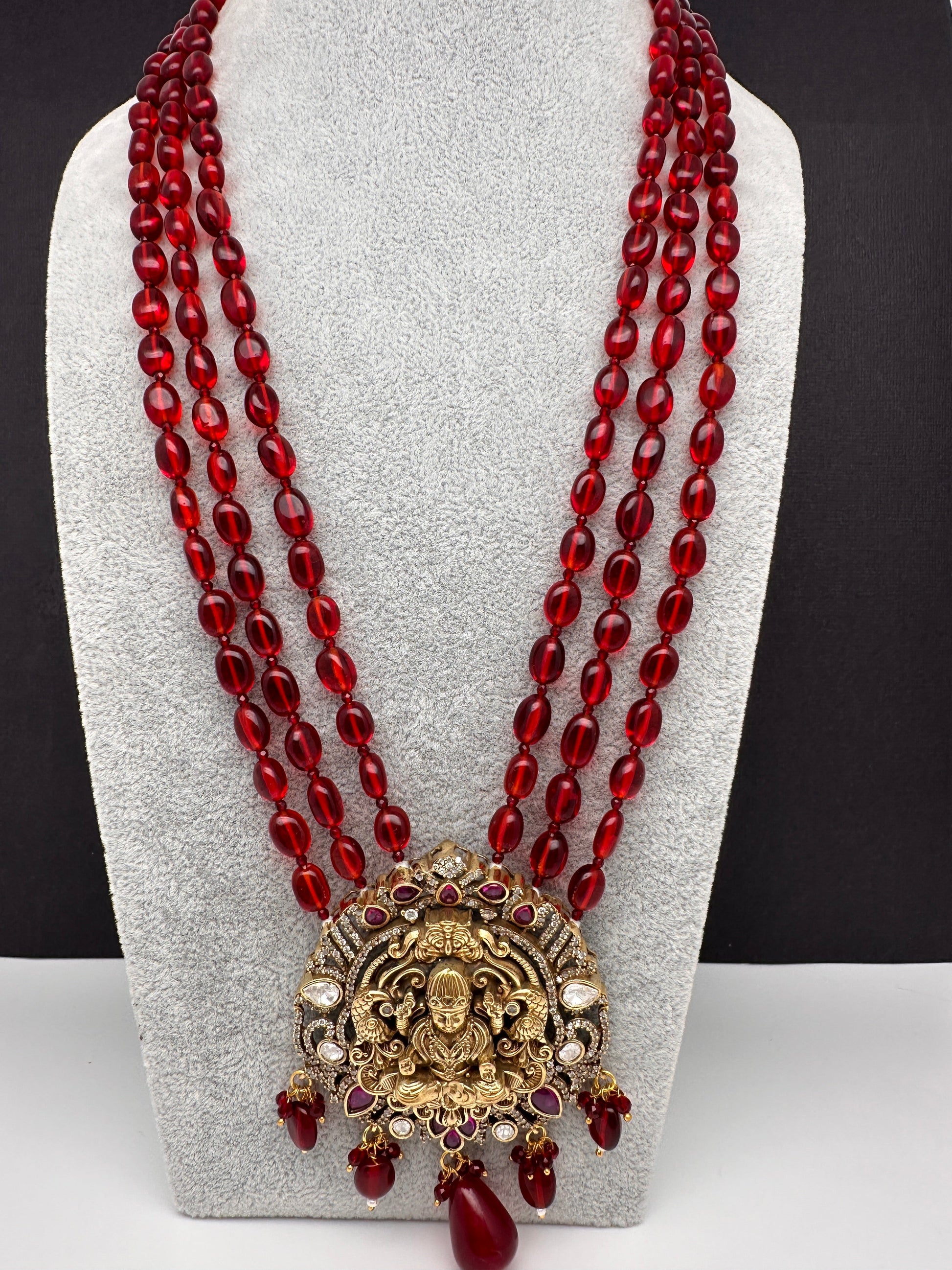 AD Kundan Goddess Lakshmi Color Monalisa Beads Necklace - Red