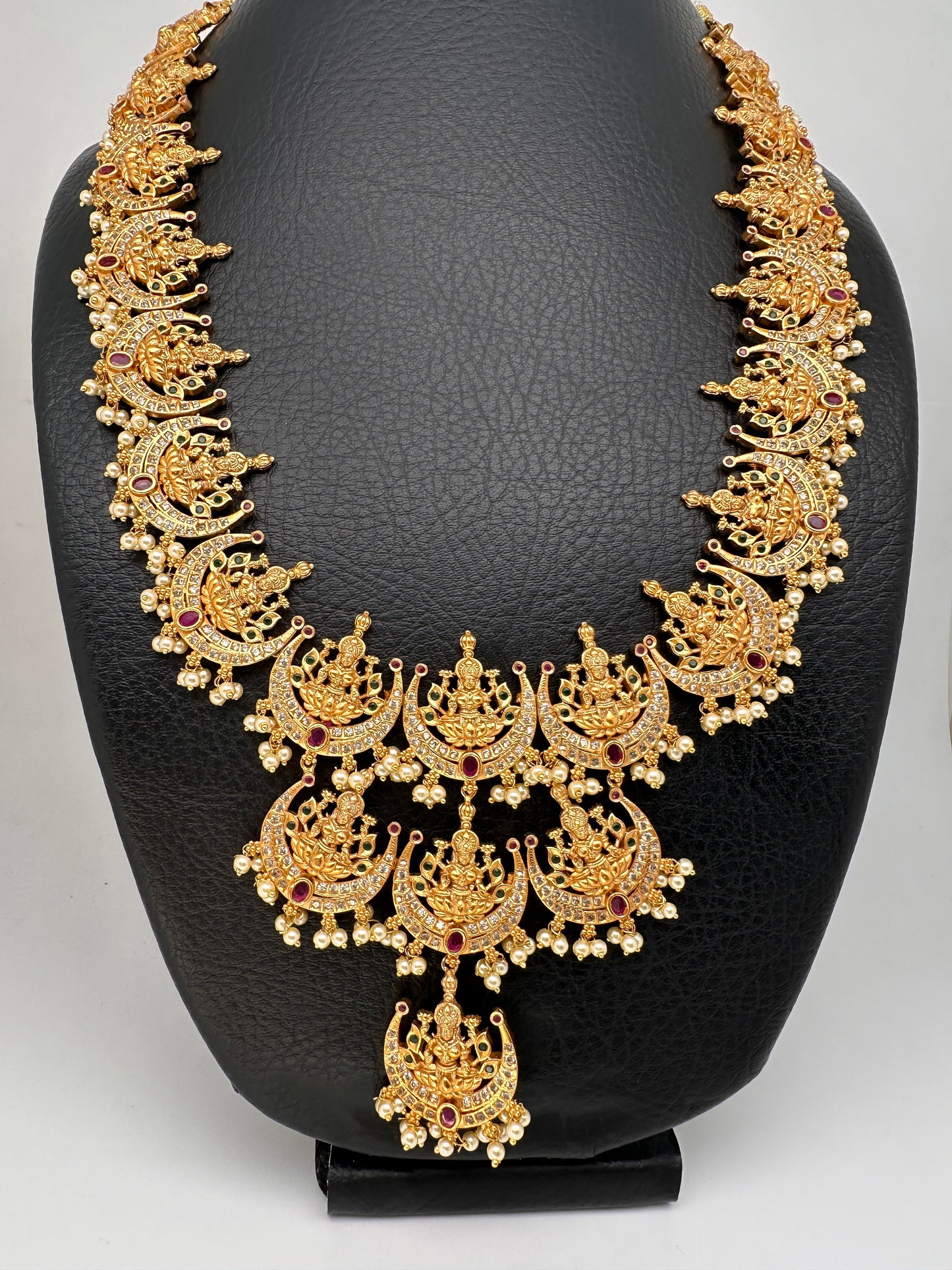 Goddess Lakshmi Pendent Lakshmi Links CZ Red Green Stone Guttapusalu Necklace