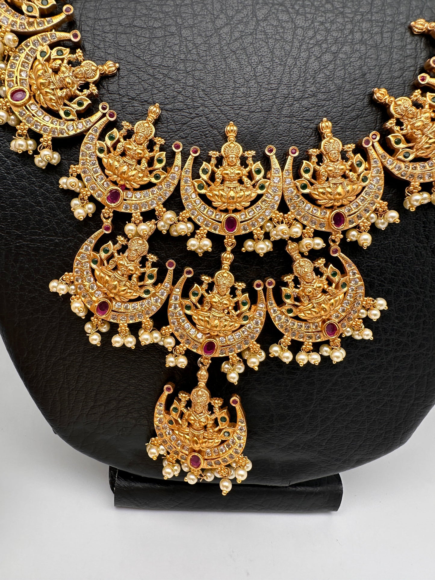 Goddess Lakshmi Pendent Lakshmi Links CZ Red Green Stone Guttapusalu Necklace