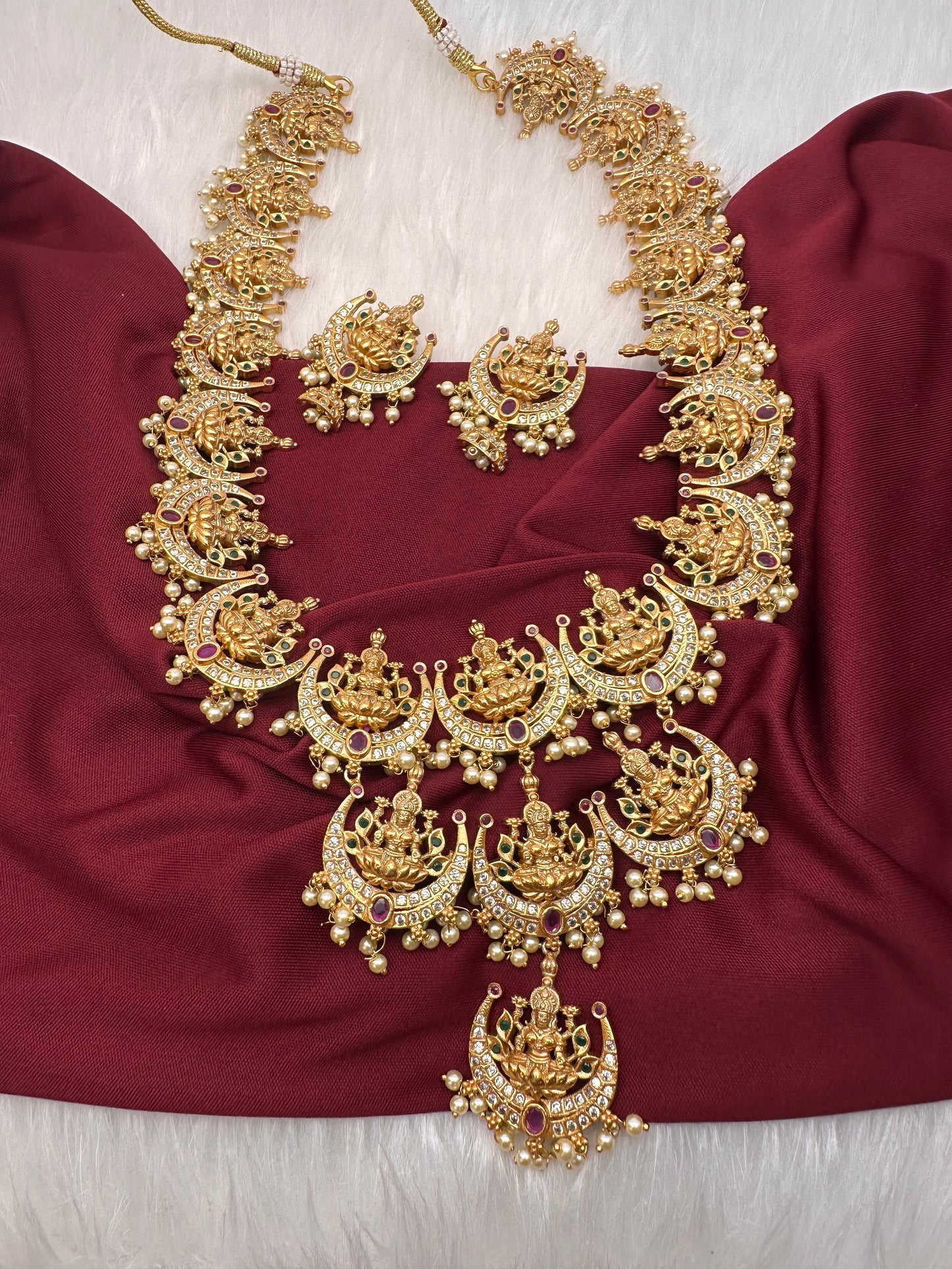 Goddess Lakshmi Pendent Lakshmi Links CZ Red Green Stone Guttapusalu Necklace