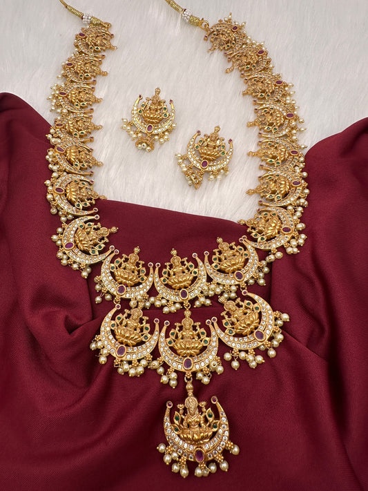 Goddess Lakshmi Pendent Lakshmi Links CZ Red Green Stone Guttapusalu Necklace